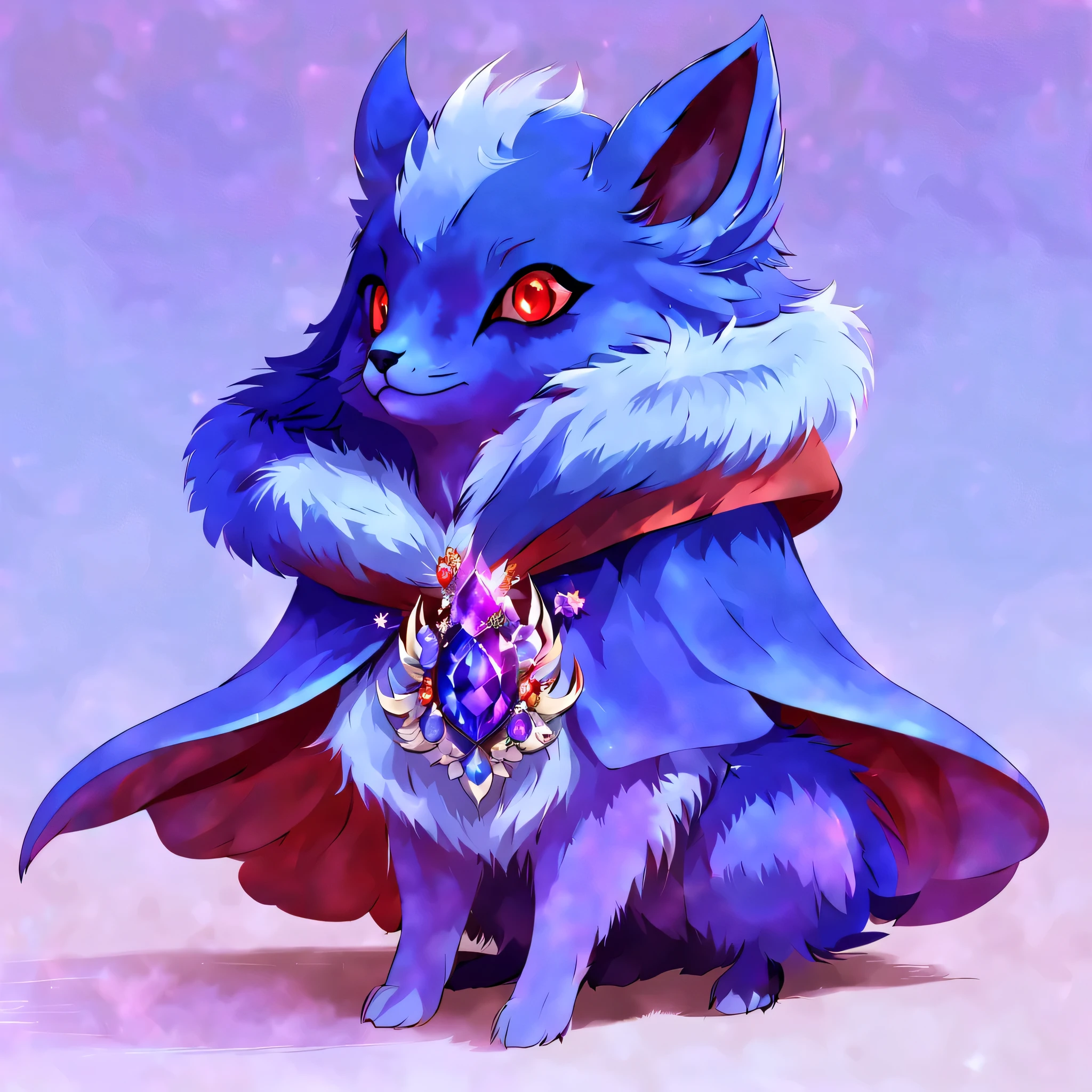  pal world nox,blue fur,(purple short cloak),brooch:head of state:Purple Gemstones,animal,red eyes,whole body,Sparkling,magic effect