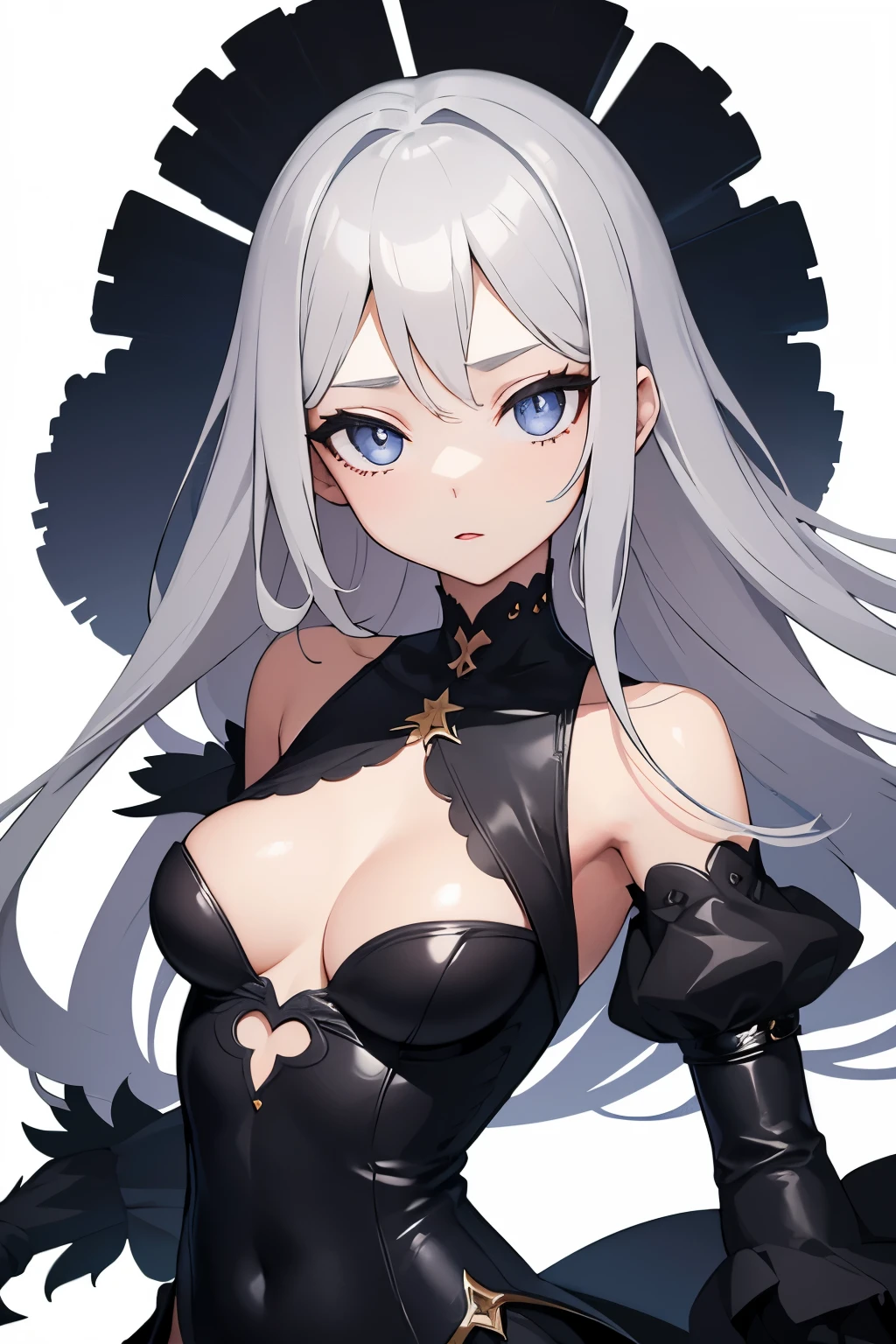 1girl, anime, cute girl, blank background, white background, fantasy, detailed dark fantasy dress with highlights, beautiful face, beautiful eyes, dark colors, silver hair, slightly small breasts, slight cleavage, beautiful skin, cute, breast curtains, extremely delicate and beautiful, (beautiful detailed face:1.0), (detailed deep eyes), symmetrical breasts, deep eyes, shiny skin, portrait, slender waist, hips wider than shoulders, thighs, young girl, expressionless, luminous eyes