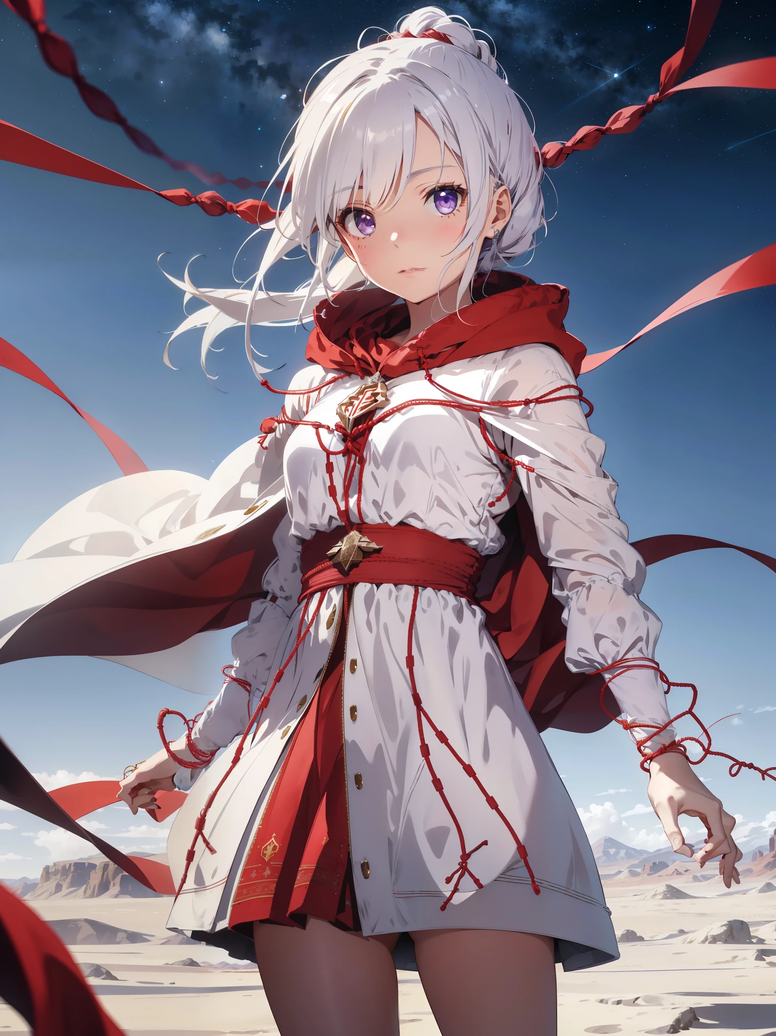 "Spectacular desert daytime atmosphere, Stunning 4K artwork showcasing an elegant mature woman with her white hair tied up. Her light purple eyes pierce the scene as she gracefully wears the heroine's white cloak and hood in the middle of a vast desert.。."、(((red thread hanging on little finger、Red threads dance around)))、((The emblem showing the time is in the background))、night scenery