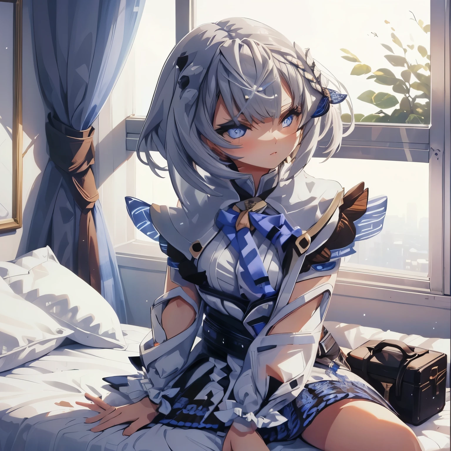 1girl, Vestia Zeta, on bedroom, sit on the bed, profile picture style, detailed face, detail, cute, detail surroundings
