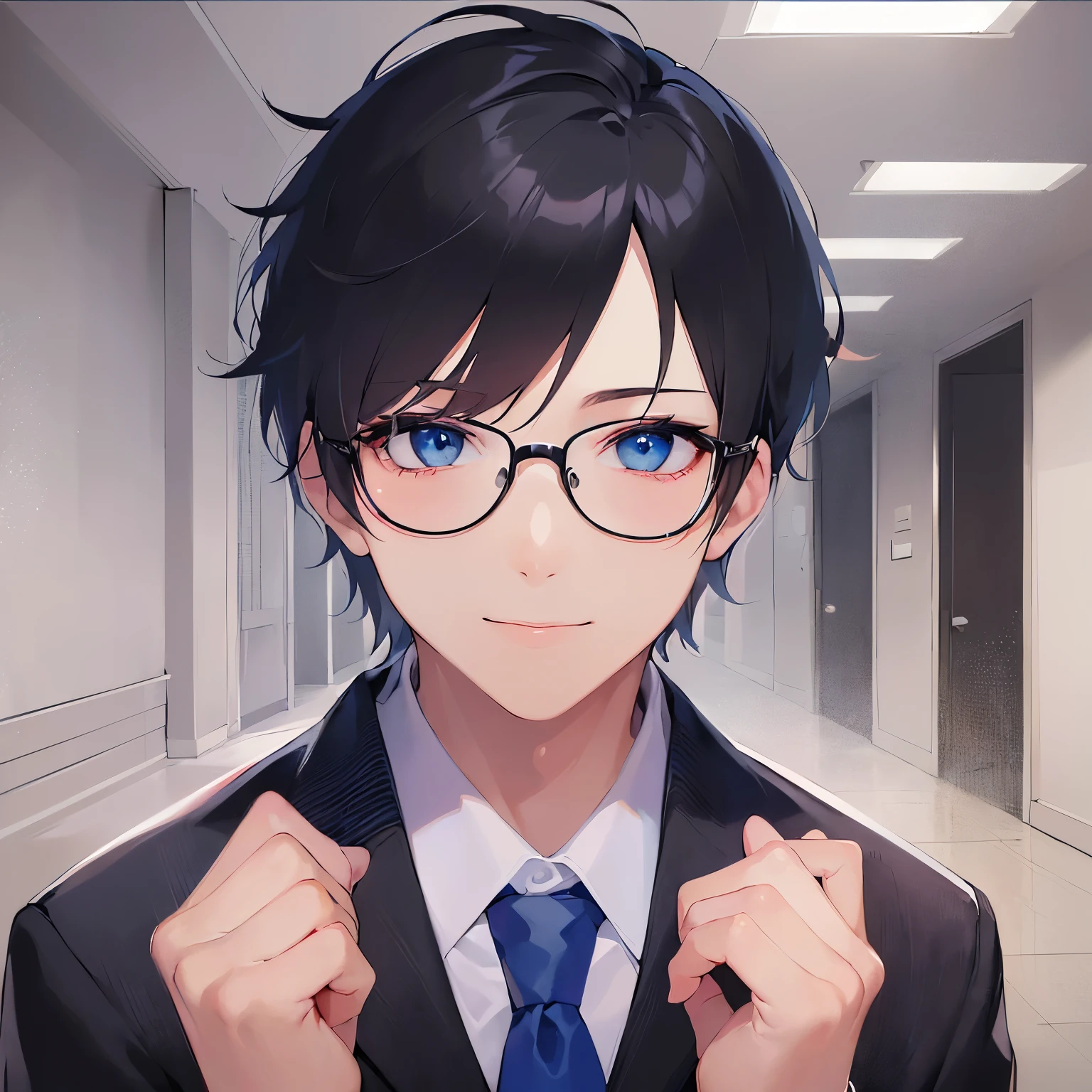 plastic frame eyewear, masterpiece、high quality、(25 year old man with short black hair and blue eyes:1.5), hair over eyes, Wearing a dark blue suit、Wearing a blue tie、(Alone:1.5)、(Gently smiling expression:1.1)、(close up of your face:1.3)、(Only the upper body is shown.:1.3)、The background is a conference room、Eating lunch、bold composition、
