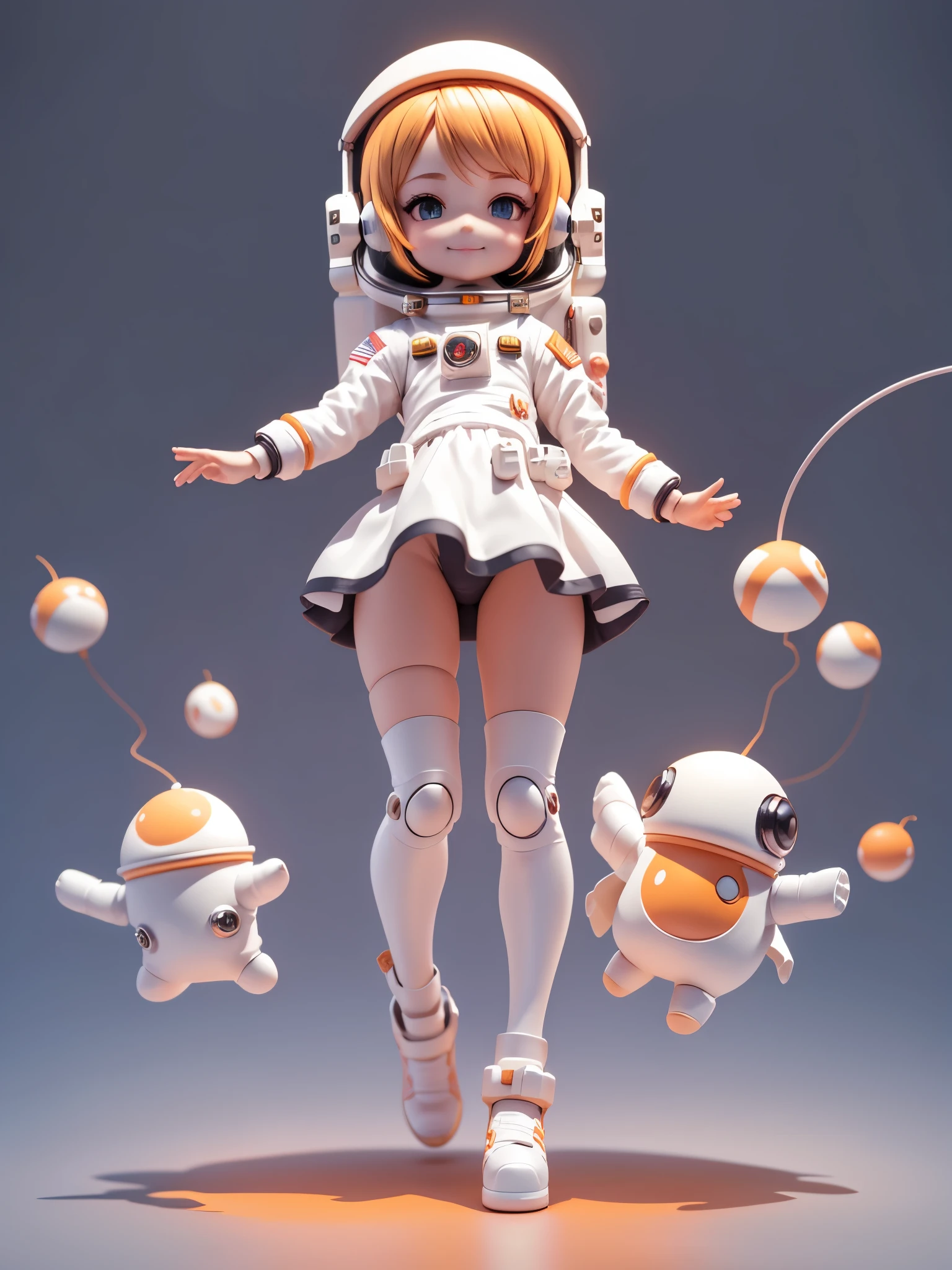 Cute girl riding a spaceship, Smile and cute gesture ,orange and white, (Lovely astronaut: 1.331), cute style, small, Big head, 3d rendering, ((Q version)), Pokemon style, Machine style, Texture, figure, Pokemon, lamp, Heavy-duty robotic arm, mechanical belly, Mechanical legs, Mechanical legs, mechanical sense, spinning, Colorful lightning, lightning, cool, clean white background, Ray tracing, Premium color, Full body 3D model, action, Fashion blind box toys. (fill body:1.2),chibi