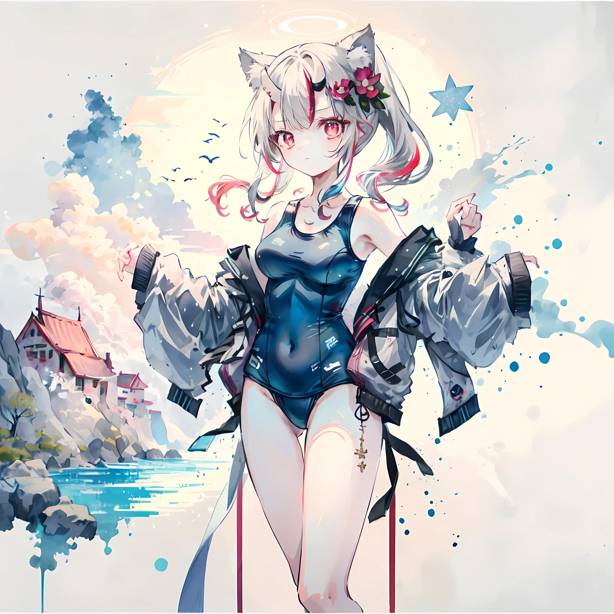 (masterpiece, best quality:1.2), Ayame,(swimsuit), 1 girl,Black_piece_swimsuit, blue_Sky, breast, cloud, contest_swimsuit, cover_navel, cowboy_shooting, cross_hair_decoration, additional_ear, from_below, grey_hair, hair_decoration, halo, high legs, high legs_swimsuit, low_ponytail, Moderate_breast, Moderate_hair, Unmatch_student, colorful_clothing, colorful_swimsuit, Official_spare_Costumes, piece_swimsuit, Sky, alone, permanent, swimsuit, Wolf_ear