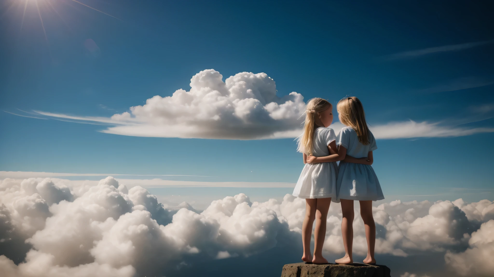 two little girls blonde, a cloud in the sky, she is arriving heaven, she is approaching heaven, mothership in the sky,