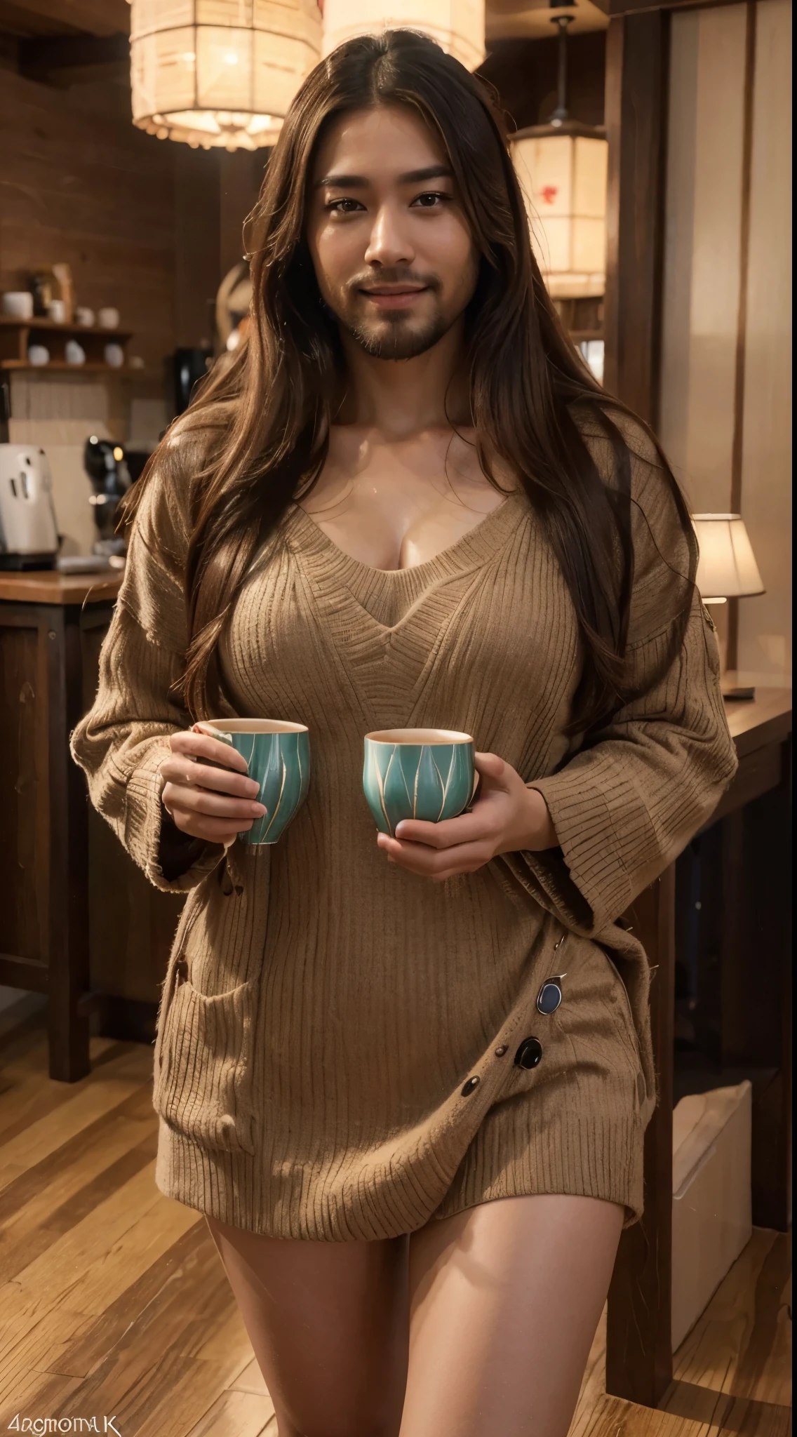 (best quality,4k,highres,ultra-detailed,realistic:1.37),vibrant portrait,beautiful Japanese lady with a long big beard,long beautiful hair,manly chiseled face,expressive eyes,lovely smile,stylish outfit,confident stance,coffee cup,cozy atmosphere,artistic lighting,rich color palette,bokeh