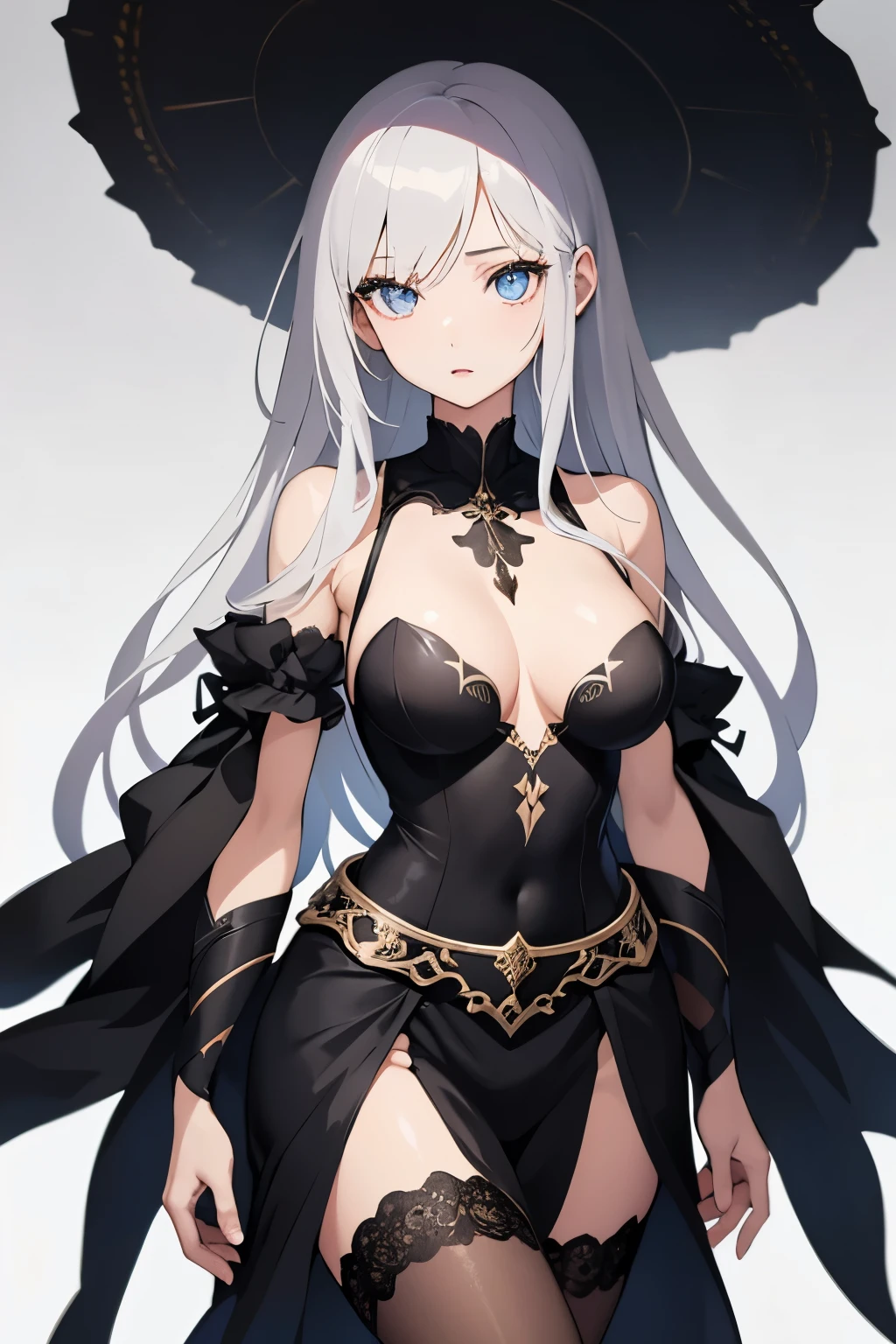 1girl, anime, cute girl, blank background, white background, fantasy, detailed dark fantasy dress with highlights, beautiful face, beautiful eyes, dark colors, silver hair, slightly small breasts, slight cleavage, beautiful skin, cute, breast curtains, extremely delicate and beautiful, (beautiful detailed face:1.0), (detailed deep eyes), symmetrical breasts, deep eyes, shiny skin, portrait, slender waist, hips wider than shoulders, thighs, young girl, expressionless, luminous eyes