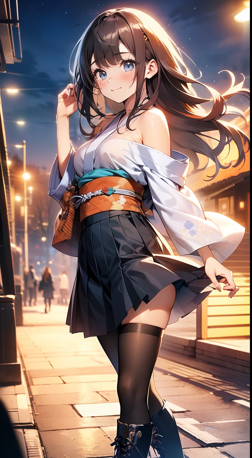 ((masterpiece, best quality, high resolution, ultra high definition, Pixel perfect, wide angle, 4K, RTX, human development report))), 1girl in, single, alone, Beauty、see whole body、 (( Reddish-brown hair , very long hair , Short Liuhai )), ((blue eyes, beautiful eyelashes, realistic eyes)), ((Detailed face, blush:1.2)), ((smooth texture:0.75, lifelike质感:0.65, lifelike:1.1, Anime CG style)), medium breasts, Perfect body, ((Japanese kimono, pleated skirt, bare shoulders ,Black tights ,Black boots)), Smile, Hands holding skirt ,Go up from the slope, (The wind blows the long hair,bare shoulders、Black tights、Black boots) , It snows at night