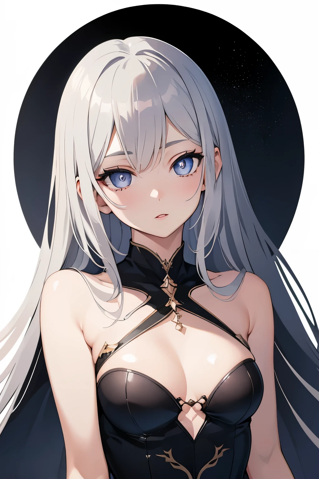 1girl, anime, cute girl, blank background, white background, fantasy, detailed dark fantasy dress with highlights, beautiful face, beautiful eyes, dark colors, silver hair, slightly small breasts, slight cleavage, beautiful skin, cute, breast curtains, extremely delicate and beautiful, (beautiful detailed face:1.0), (detailed deep eyes), symmetrical breasts, deep eyes, shiny skin, portrait, slender waist, hips wider than shoulders, thighs, young girl, expressionless, luminous eyes