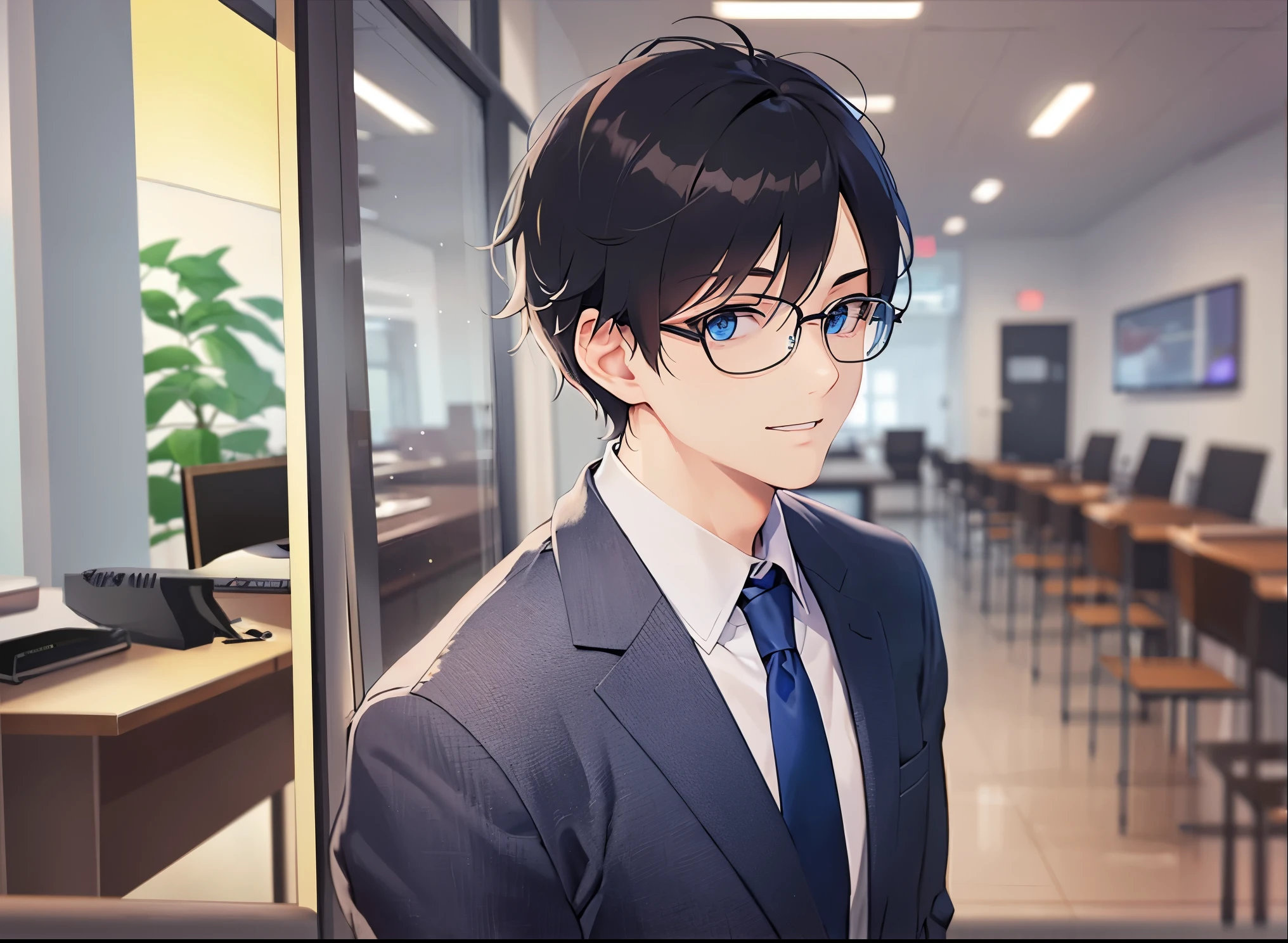 The background is a conference room、wall