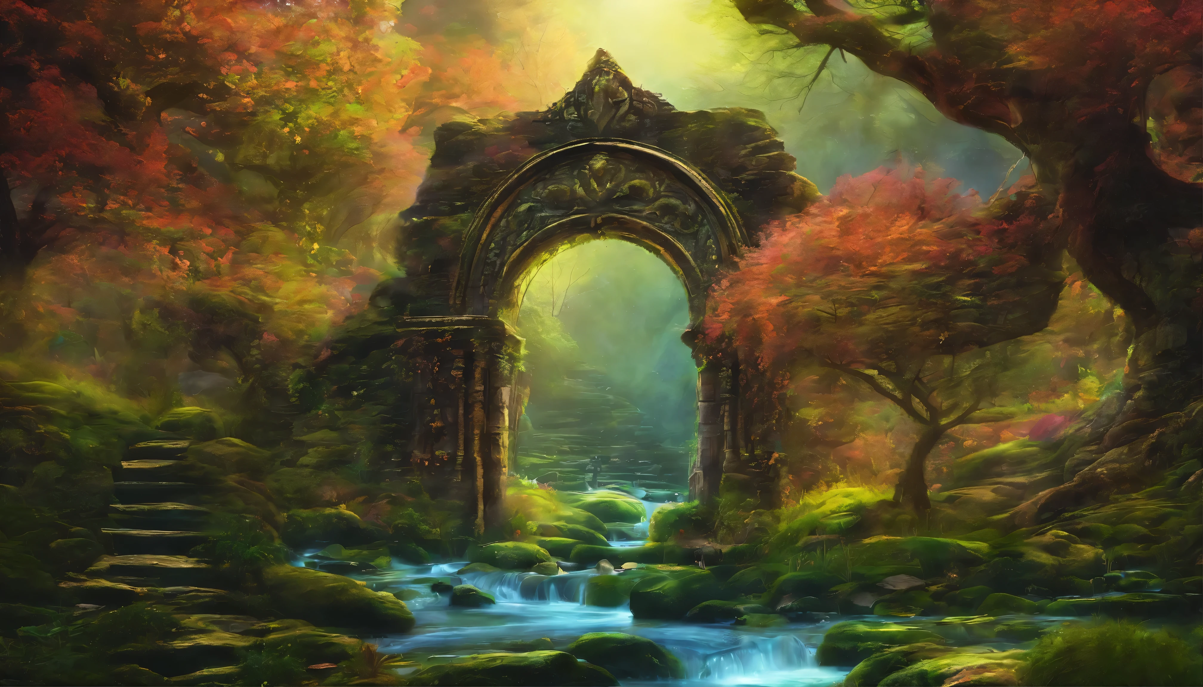 forgotten gate, lush, stream, spectacular reflections, arch, stone architecture