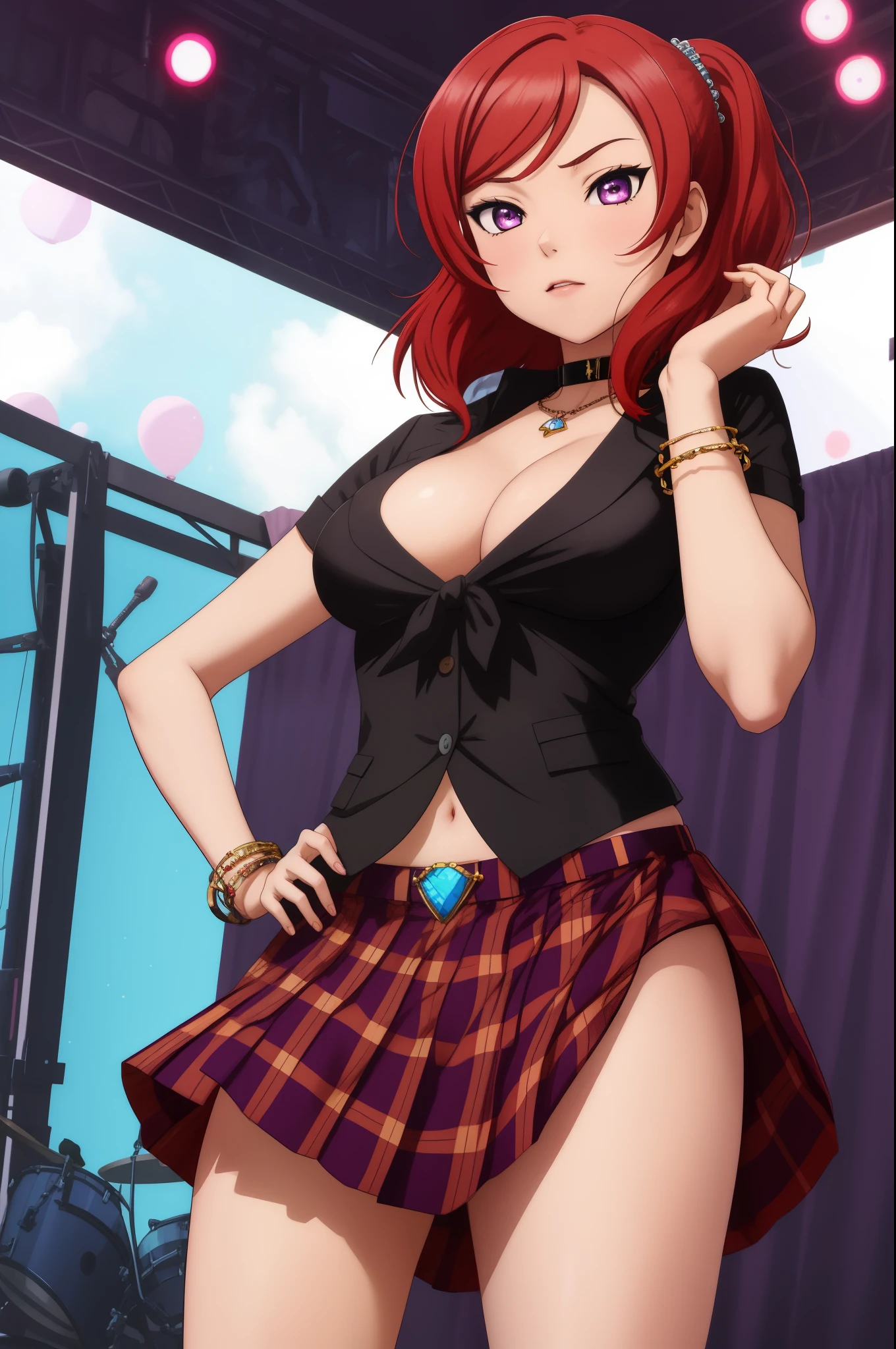 masterpiece, best quality, (1girl:1.000), (bracelet:1.000), (jewelry:0.998), (nishikino maki), (tied shirt:0.993), (red hair:0.987), (purple eyes:0.976), (navel:0.964), (plaid skirt:0.964), (front-tie shirt:0.961), cleavage ,(solo:0.953), (bangle:0.938), (choker:0.929), (ponytail:0.897), (skirt:0.895), (scrunchie:0.875), standing, (breasts:0.778), (midriff:0.672), (school uniform:0.618), (blush:0.617), (hair ornament:0.542), (white shirt:0.537), (simple background:0.517), (black choker:0.505), hand on hip ,thicc thighs