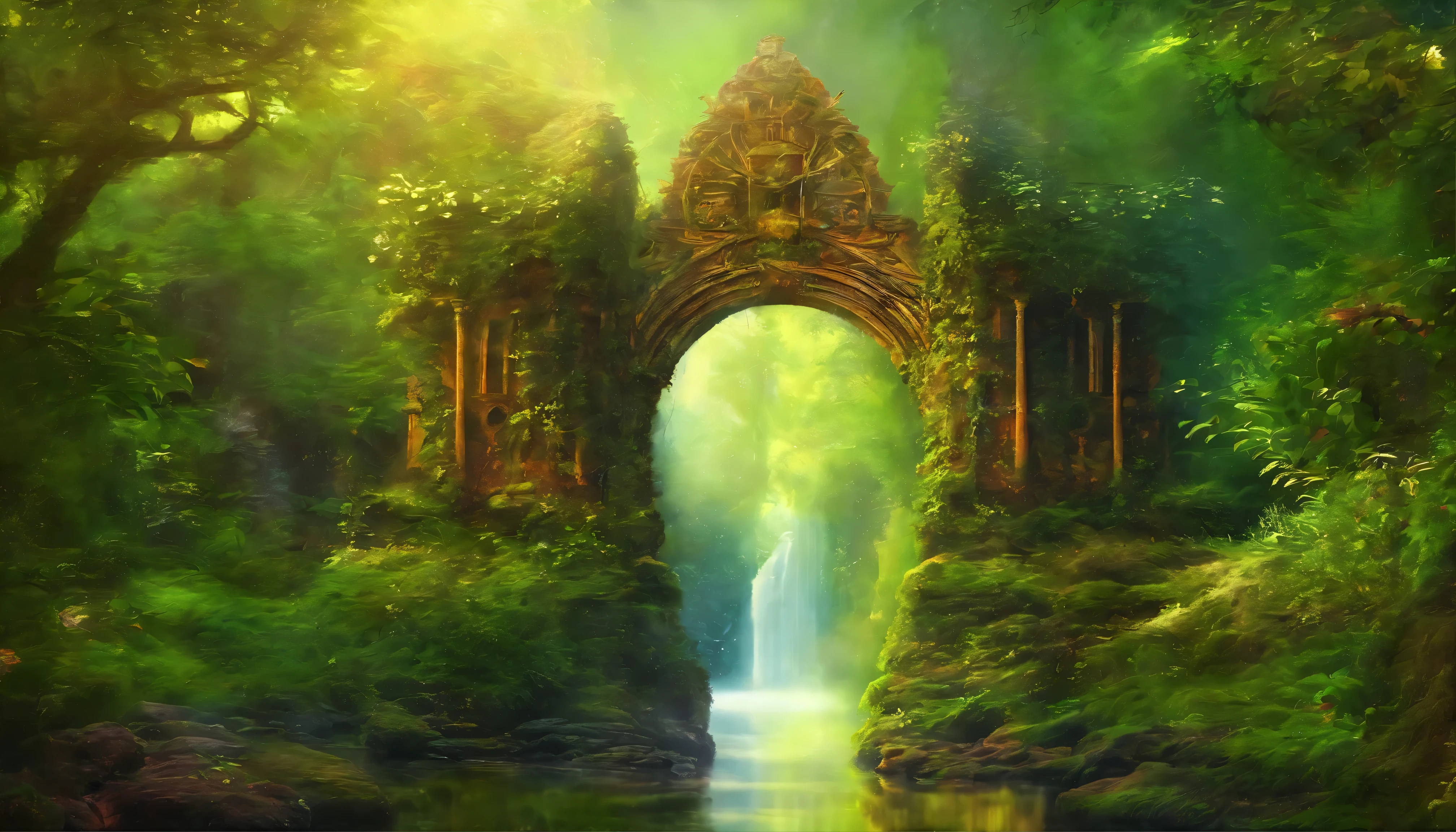 forgotten gate, lush, stream, spectacular reflections, arch, stone architecture
