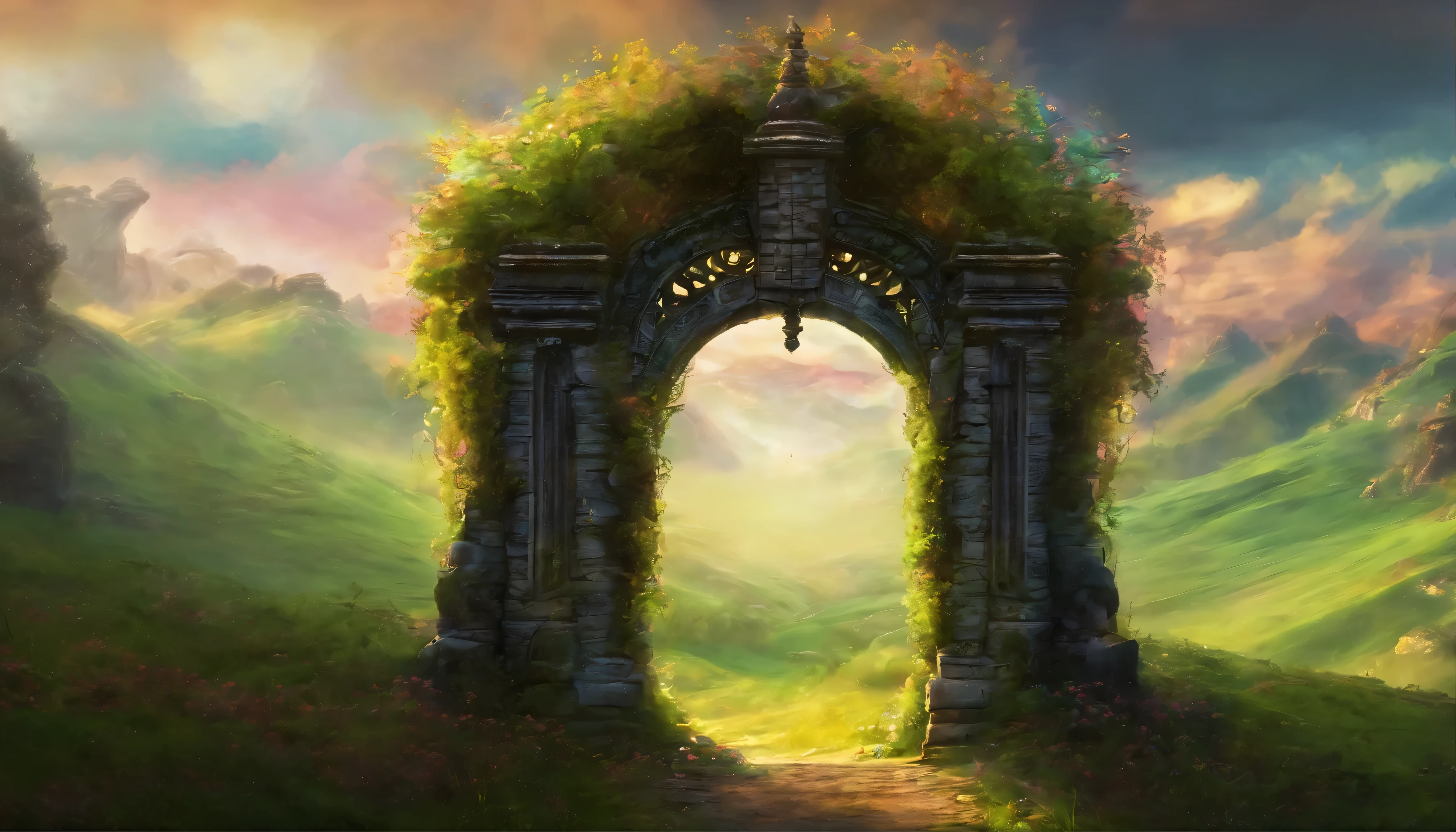 forgotten gate, lush, stream, spectacular reflections, arch, stone architecture