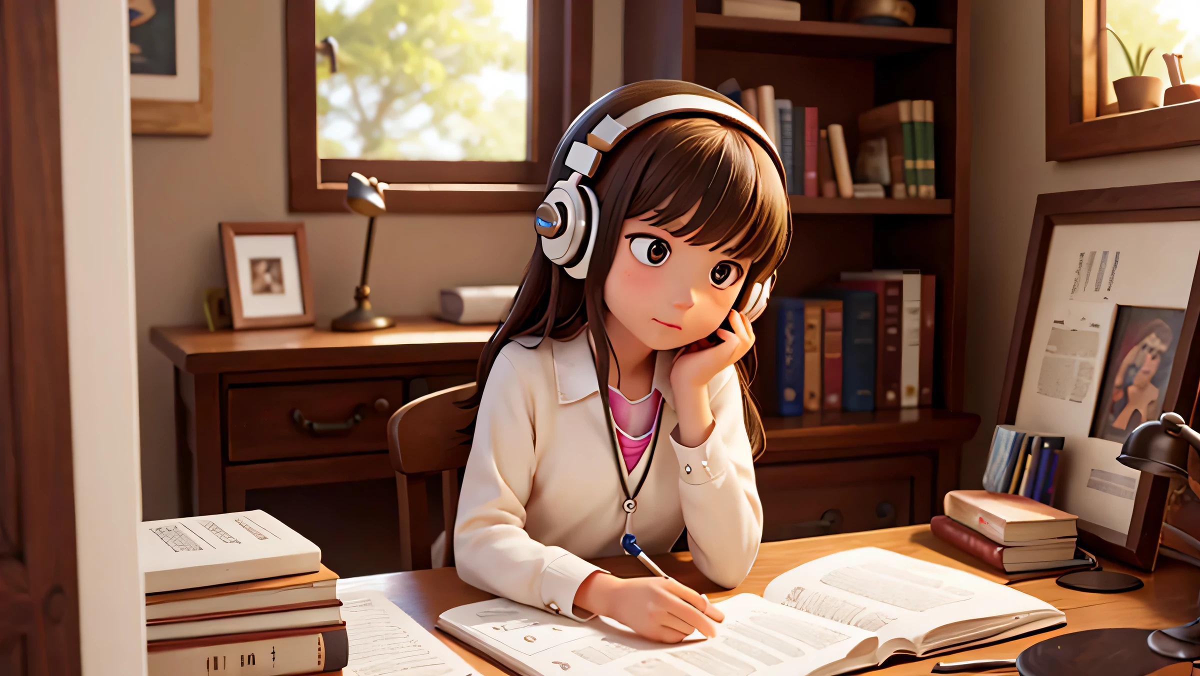 (melhor qualidade,realista),uma garota estudando sentada em seu quarto,Listening to music with headphones,illustration,ultra-detalhado,shelf with several books,mesa de estudo com notebook e papelaria,soft, warm lighting,Comfortable and cozy atmosphere,cores vivas,sunlight streaming through the window,focus on the girl&#39;s face and expressions,faint background music playing,ambiente tranquilo e sereno,reflection of the girl&#39;s determination and concentration.