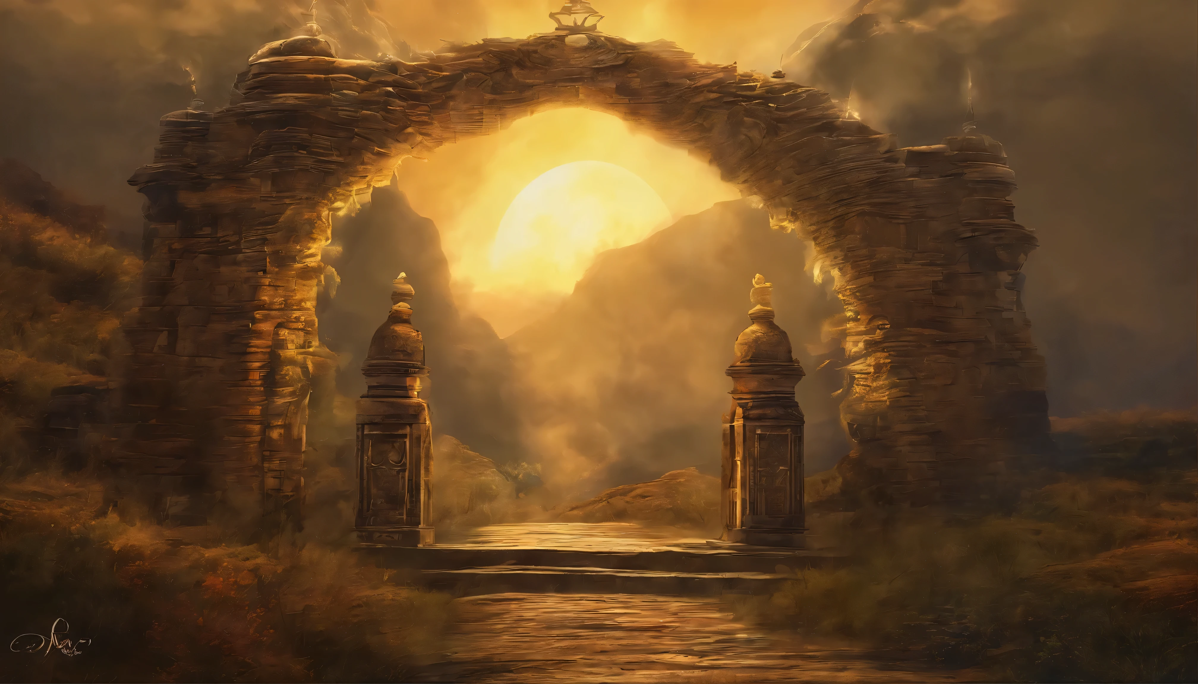 forgotten gate, lush, stream, spectacular reflections, arch, stone architecture