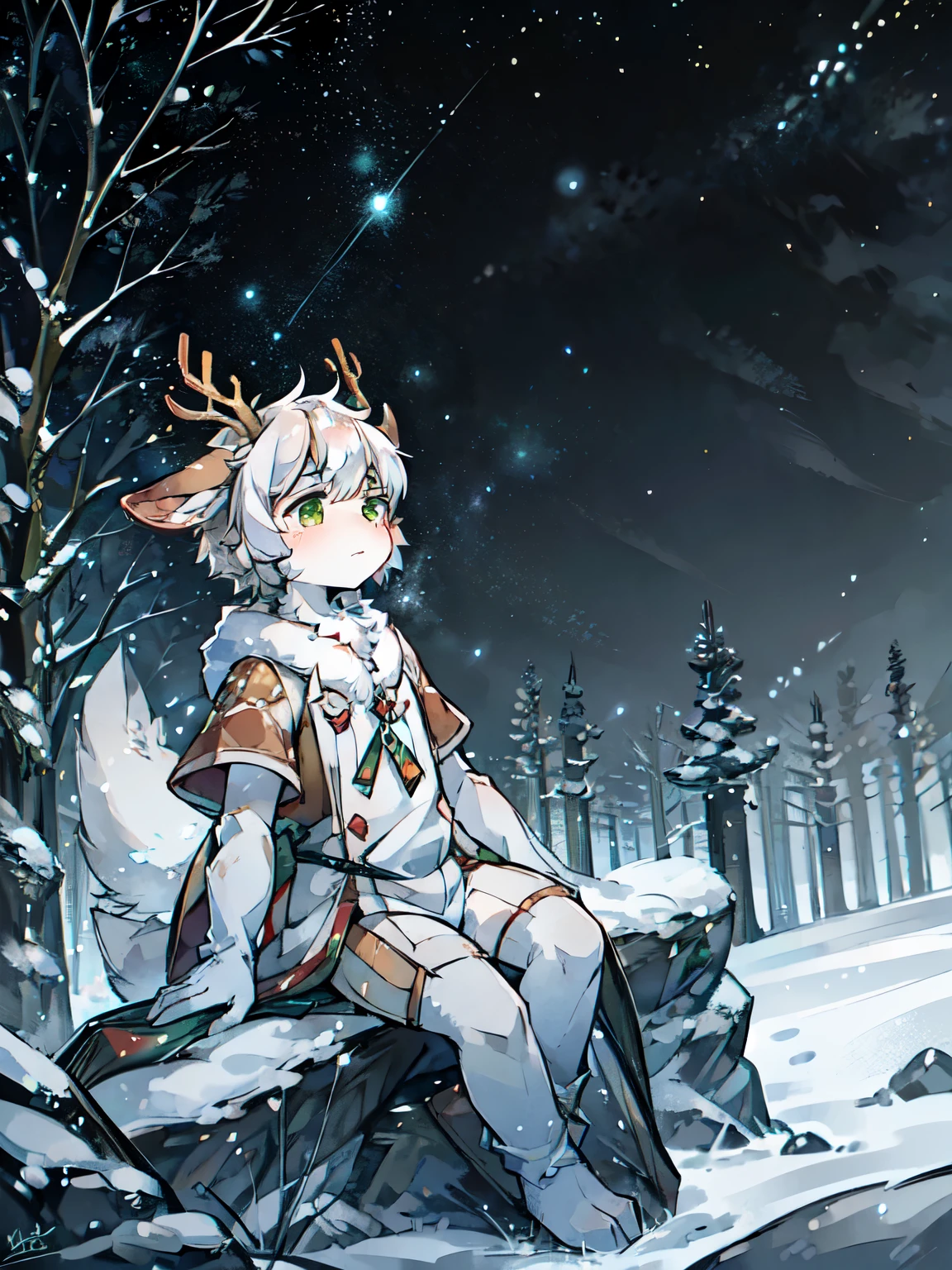 A white deer，green eyes，jaqueta com capuz，antlers，sitting on a rock，starry sky，Brilliant Milky Way，Reach out for the stars，Crystal pupils，Cute Shota，sad，Reach for the sky，Sit outdoors，Green meadow，individual，snow，snow地，Reach for the sky