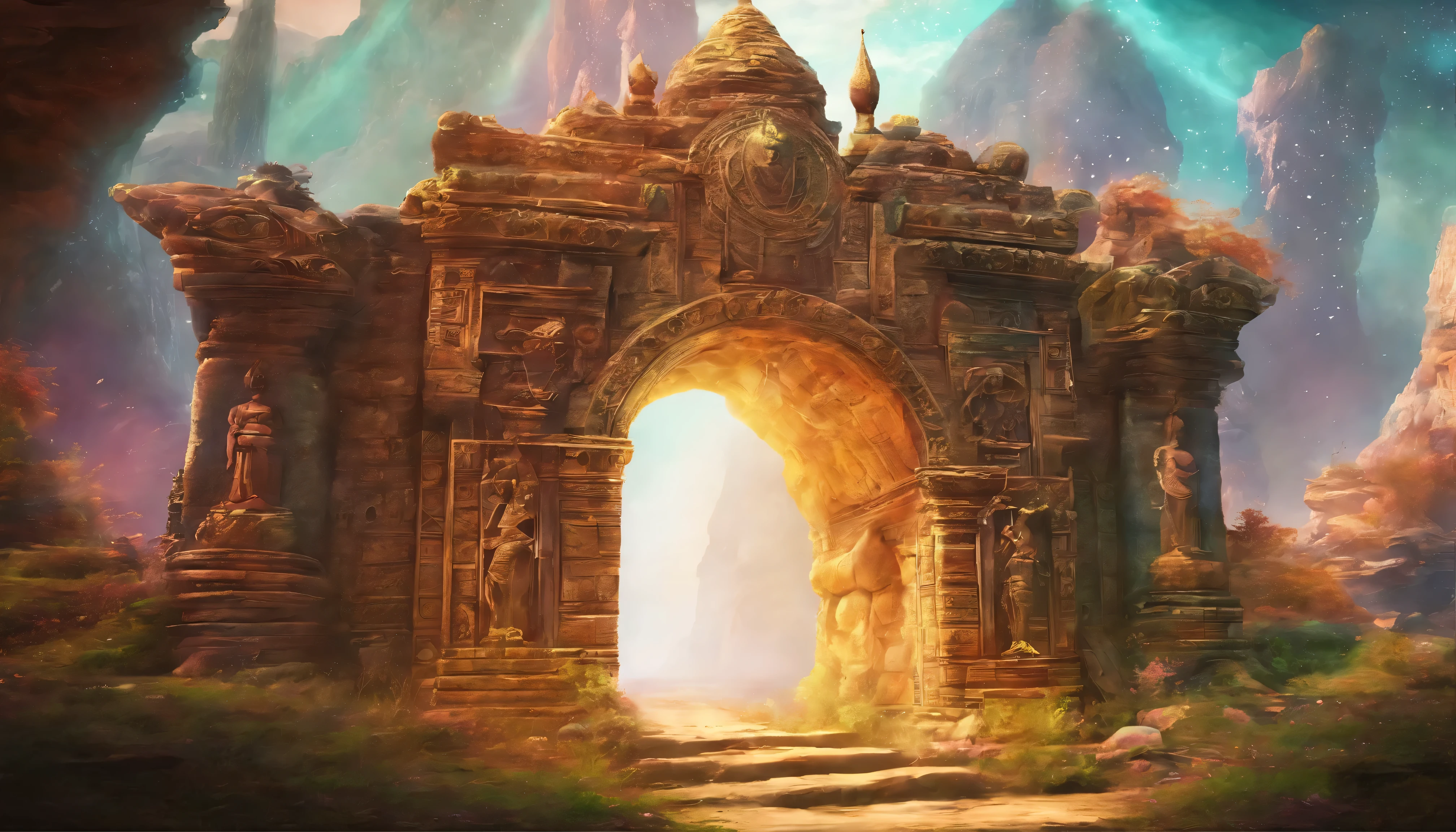 forgotten gate, lush, stream, spectacular reflections, arch, stone architecture