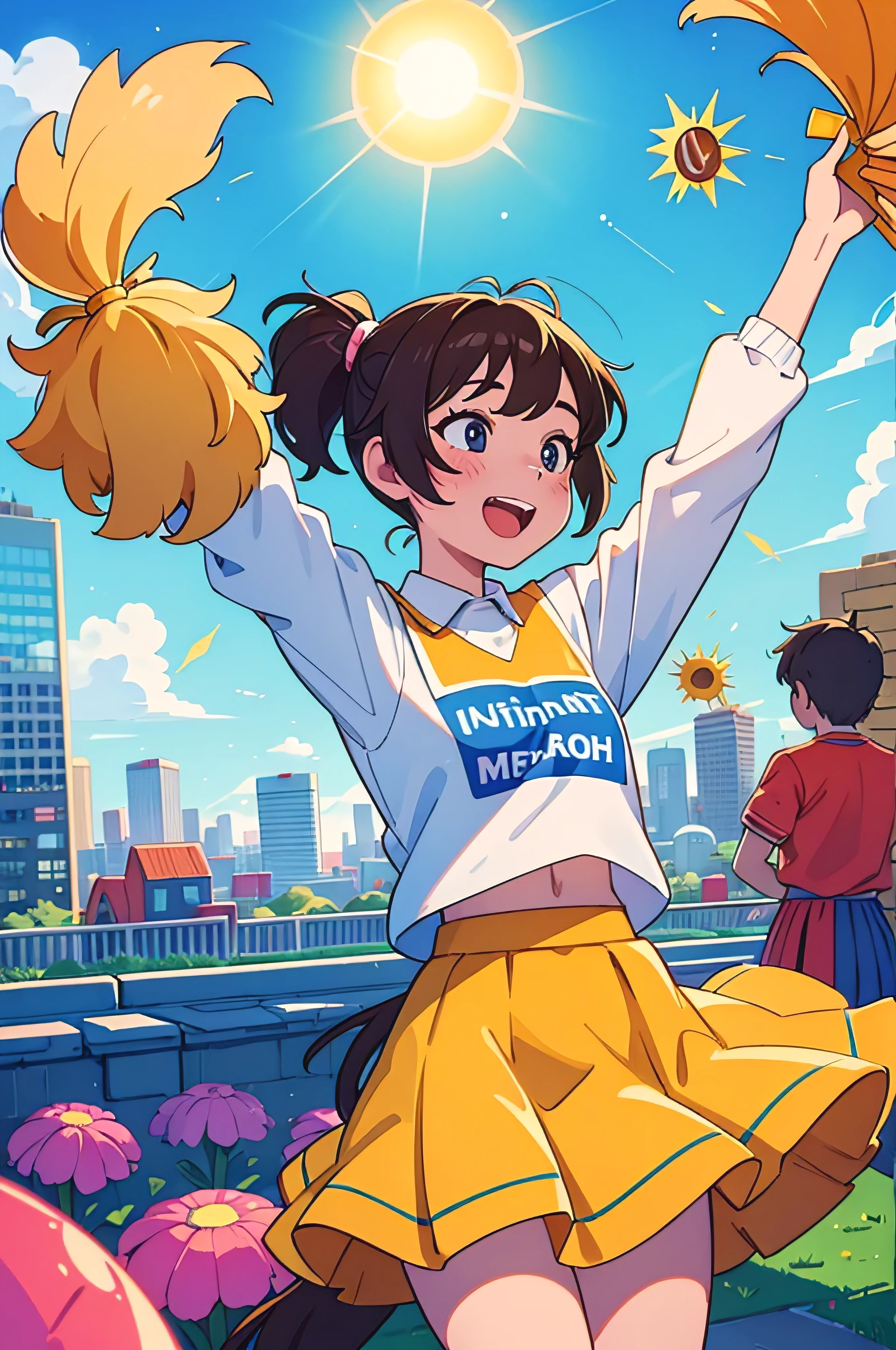 best quality,4K,high resolution), bright colors, helpful cat, 穿着volunteer, bright light, Little Sun, armband with "cheerleader" sleeve, Face reflects firm words, In a bustling cityscape, Young and full of vitality, volunteer, vitality, enthusiasm,horse-face skirt, enthusiasm,enthusiasm,vitality,long skirt .