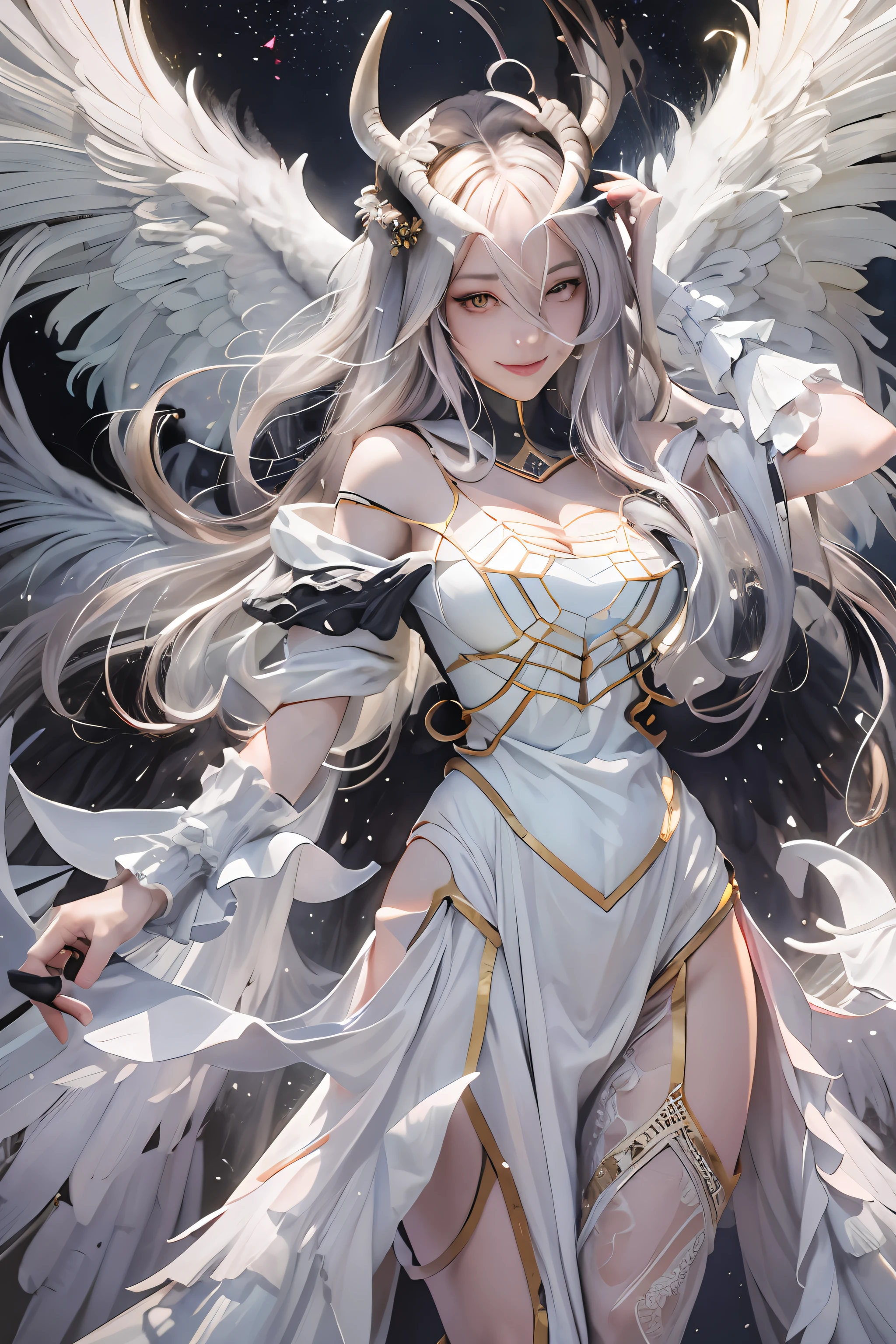 Meisterwerk, best quality, High Resolution, al1, demon horns, Schlitzpupillen, white gloves, White dress, nackten Schultern, abgenommener Kragen, Dekollete, black wings, feathered wings, low wings, Cowboy-Schuss, Stehen, Smile, Verlies, evil Smile,