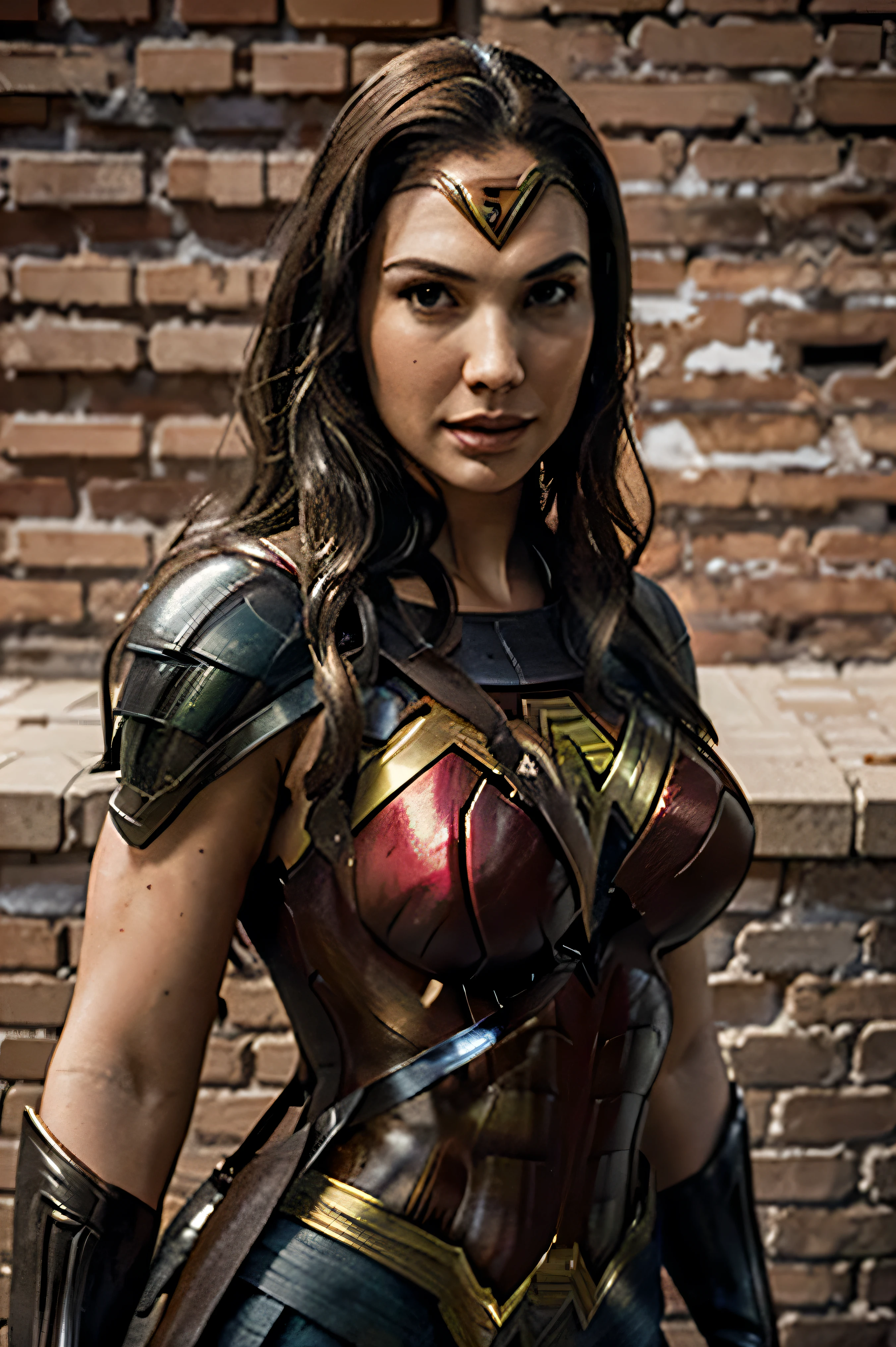 Hyper realistic, high detailed. Superman (looks like Henry Cavil) with wonder woman (looks like Gal Gadot), out of a wall in a brick that stands upright, with splashes of bricks chips spreading around it, causing a very beautiful effect, a large wall brick background, photoghrapy