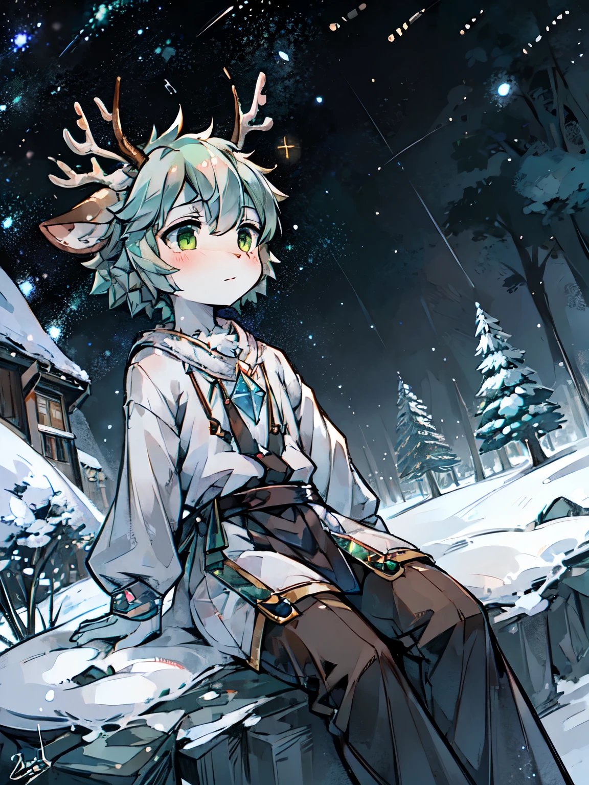 A white deer,green eyes,jaqueta com capuz,antlers,sitting on a rock,starry sky,Brilliant Milky Way,Reach out for the stars,Crystal pupils,Cute Shota,sad,Reach for the sky,Sit outdoors,Green meadow,individual,snow,snow地,Reach for the sky