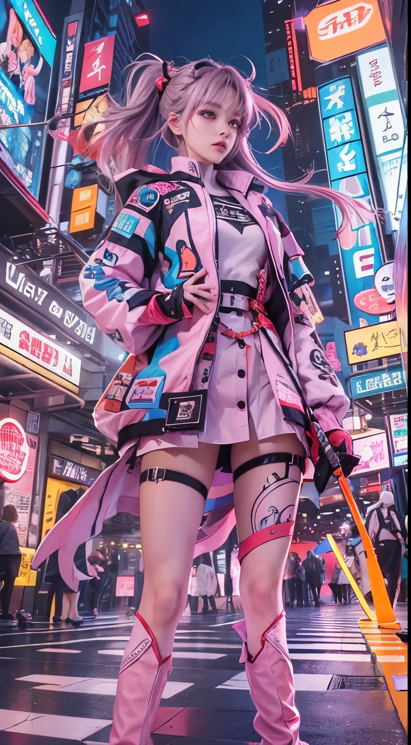 masterpiece, highest quality, Wearing unique Harajuku-style clothes,The pink color stands out,Bold colors and patterns, eye-catching accessories, Trendy and innovative hairstyles, bright makeup, Cyberpunk dazzling cityscape, skyscraper, neon sign, led lights, Bright and vivid color scheme, anime, figure, fine skin texture, fine cloth texture, intricate details, Super detailed,low angle, full body, Distant view(looking away:1.4),dynamic pose hand holding a sword gripping sword in hand.