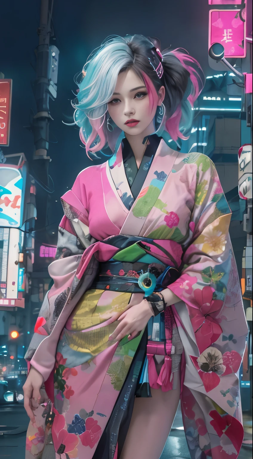 masterpiece, highest quality, Cyberpunk girls,wearing a Japanese kimono,The pink color stands out,Bold colors and patterns, eye-catching accessories, Trendy and innovative hairstyles, bright makeup, Cyberpunk dazzling cityscape, skyscraper, neon sign, led lights, Bright and vivid color scheme, anime, figure, fine skin texture, fine cloth texture, intricate details, Super detailed,low angle, full body, Distant view(looking away:1.4)