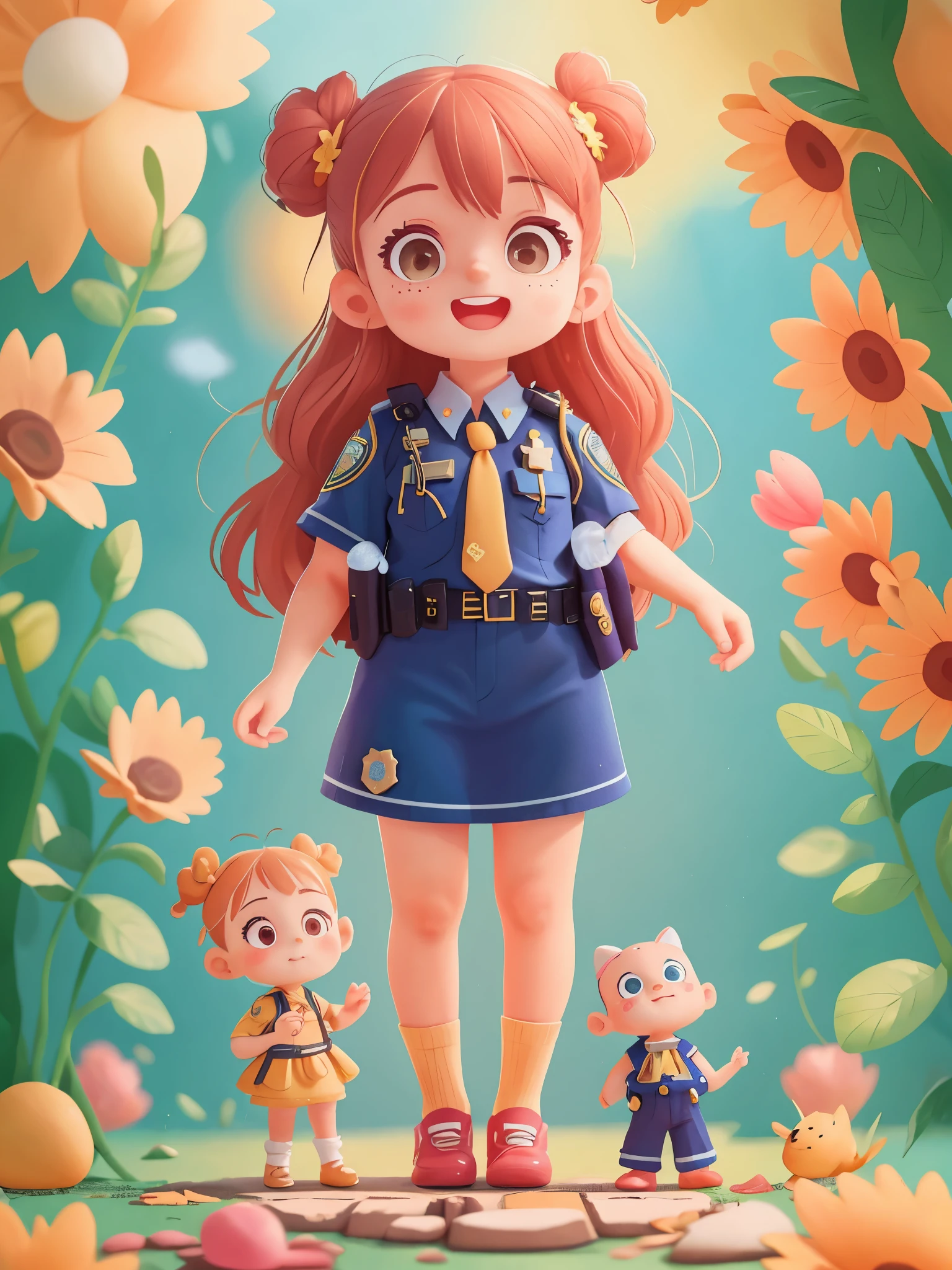 1 girl, preschool,wear(((police uniforms))), dress up as,(),sunny, (masterpiece: 1.2) (actual: 1.2) (Bokeh) (best quality) (delicate skin: 1.3) (intricate details) (8k) (exquisite eyes) (sharp focus), (happy)