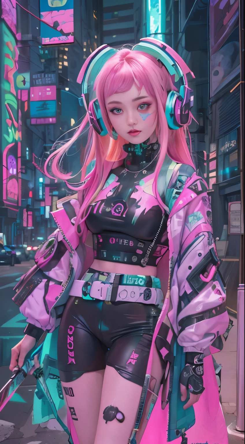 masterpiece, highest quality, Cyberpunk girls, Pop costumes inspired by Harajuku, Bold colors and patterns, eye-catching accessories, Trendy and innovative hairstyles, bright makeup, Cyberpunk dazzling cityscape, skyscraper, neon sign, led lights, Bright and vivid color scheme, Lots of pink and green, Wearing headphones,figure, fine skin texture, fine cloth texture, beautiful detailed face, intricate details, Super detailed,Has an elongated sword,