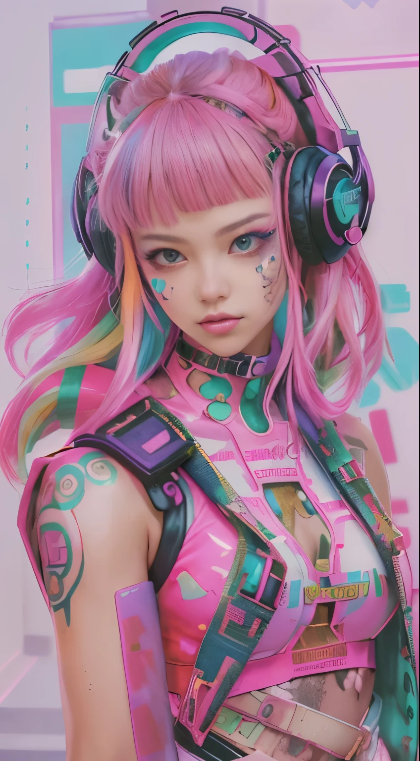 masterpiece, highest quality, Cyberpunk girls, Pop costumes inspired by Harajuku, Bold colors and patterns, eye-catching accessories, Trendy and innovative hairstyles, bright makeup, Cyberpunk dazzling cityscape, skyscraper, neon sign, led lights, Bright and vivid color scheme, Lots of pink and green, Wearing headphones,figure, fine skin texture, fine cloth texture, beautiful detailed face, intricate details, Super detailed,Has an elongated sword,