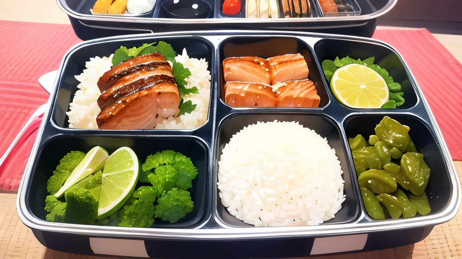lunch box, rice, vegetables、salmon、Furikake、It's in the lunch box