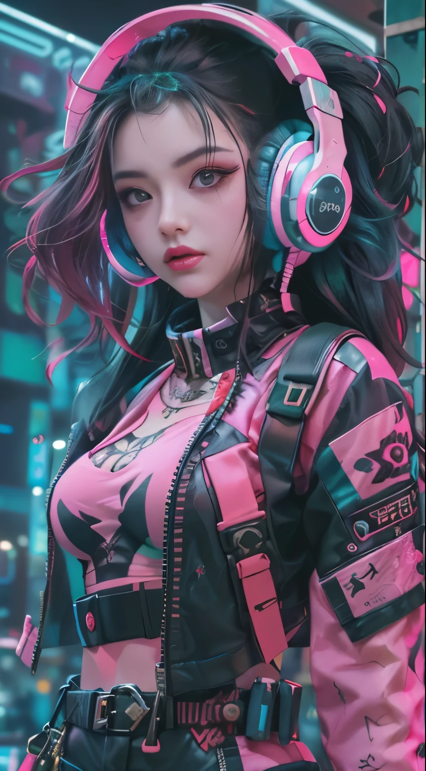 masterpiece, highest quality, Cyberpunk girls, Pop costumes inspired by Harajuku, Bold colors and patterns, Wearing headphones,eye-catching accessories, Trendy and innovative hairstyles, bright makeup, Cyberpunk dazzling cityscape, skyscraper, neon sign, led lights, Bright and vivid color scheme, Lots of pink,anime, figure, fine skin texture, fine cloth texture, beautiful detailed face, intricate details, Super detailed,Has an elongated sword,