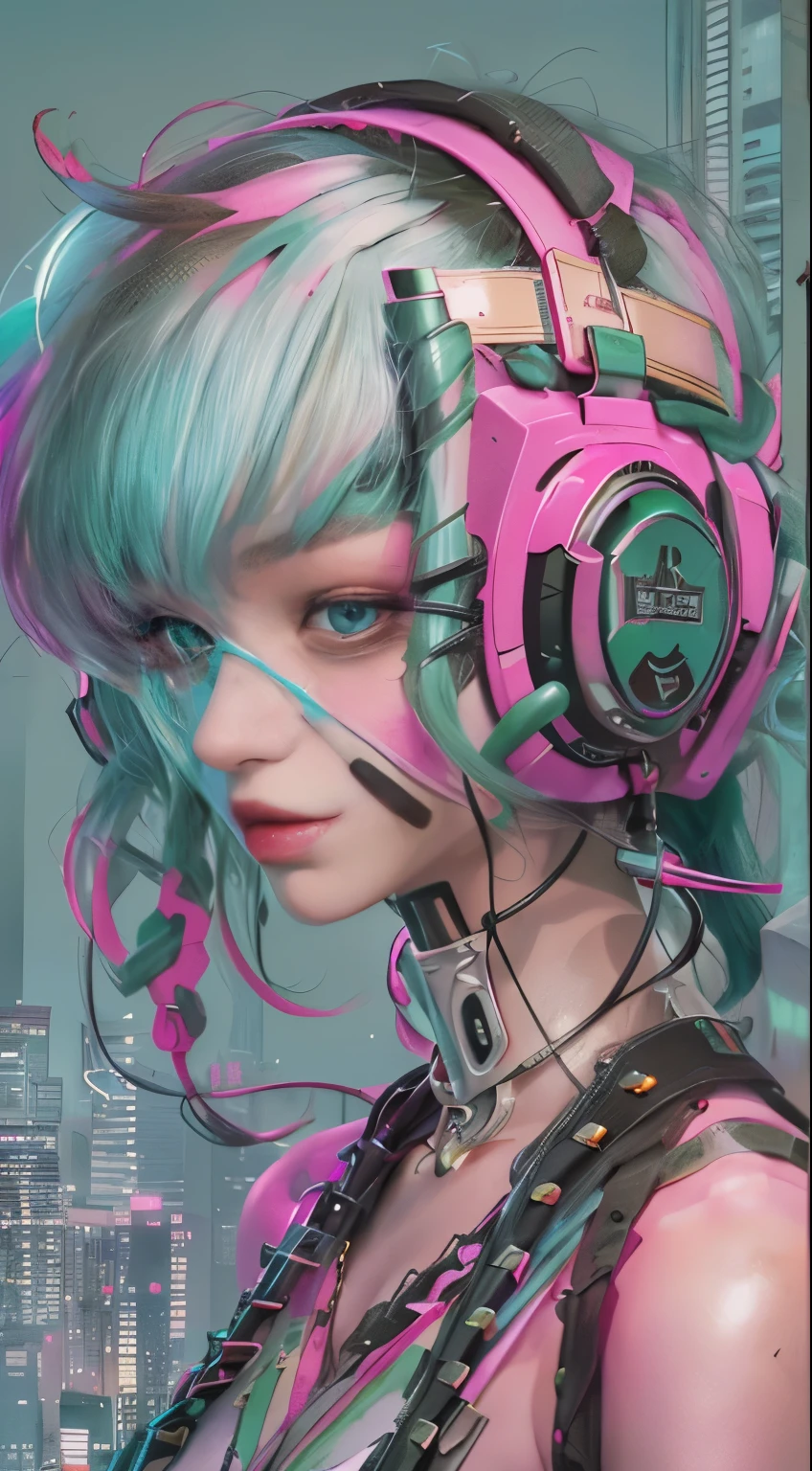 masterpiece, highest quality, Cyberpunk girls, Pop costumes inspired by Harajuku, Bold colors and patterns, eye-catching accessories, Trendy and innovative hairstyles, bright makeup, Cyberpunk dazzling cityscape, skyscraper, neon sign, led lights, Bright and vivid color scheme, Lots of pink and green, Wearing headphones,figure, fine skin texture, fine cloth texture, beautiful detailed face, intricate details, Super detailed,Has an elongated sword,low angle, full body, Distant view(looking away:1.4)