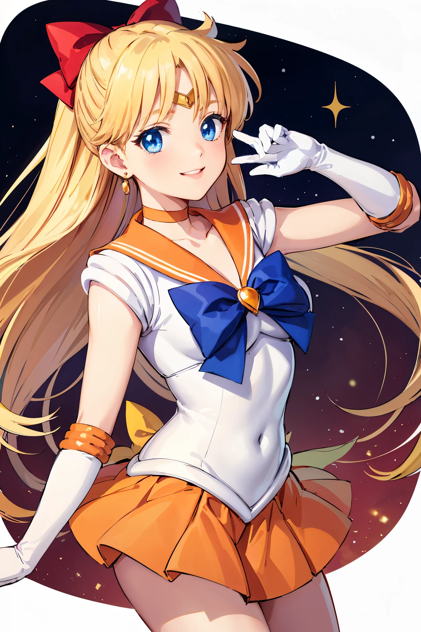 masterpiece, best quality, highres, venus1, 1girl, solo, sailor senshi uniform, sailor venus, aino minako, blonde hair, magical girl, blue eyes, orange skirt, elbow gloves, tiara, pleated skirt, hair bow, orange sailor collar, miniskirt, choker, red bow, orange choker, white gloves, very long hair, jewelry, earrings,smile,dynamic pose,dynamic angle