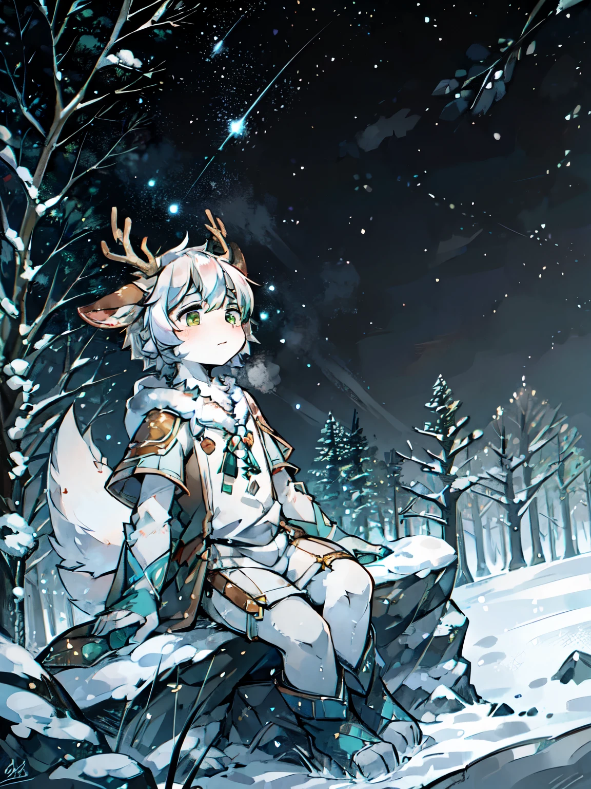 A white deer,green eyes,jaqueta com capuz,antlers,sitting on a rock,starry sky,Brilliant Milky Way,Reach out for the stars,Crystal pupils,Cute Shota,sad,Reach for the sky,Sit outdoors,Green meadow,individual,snow,snow地,Reach for the sky