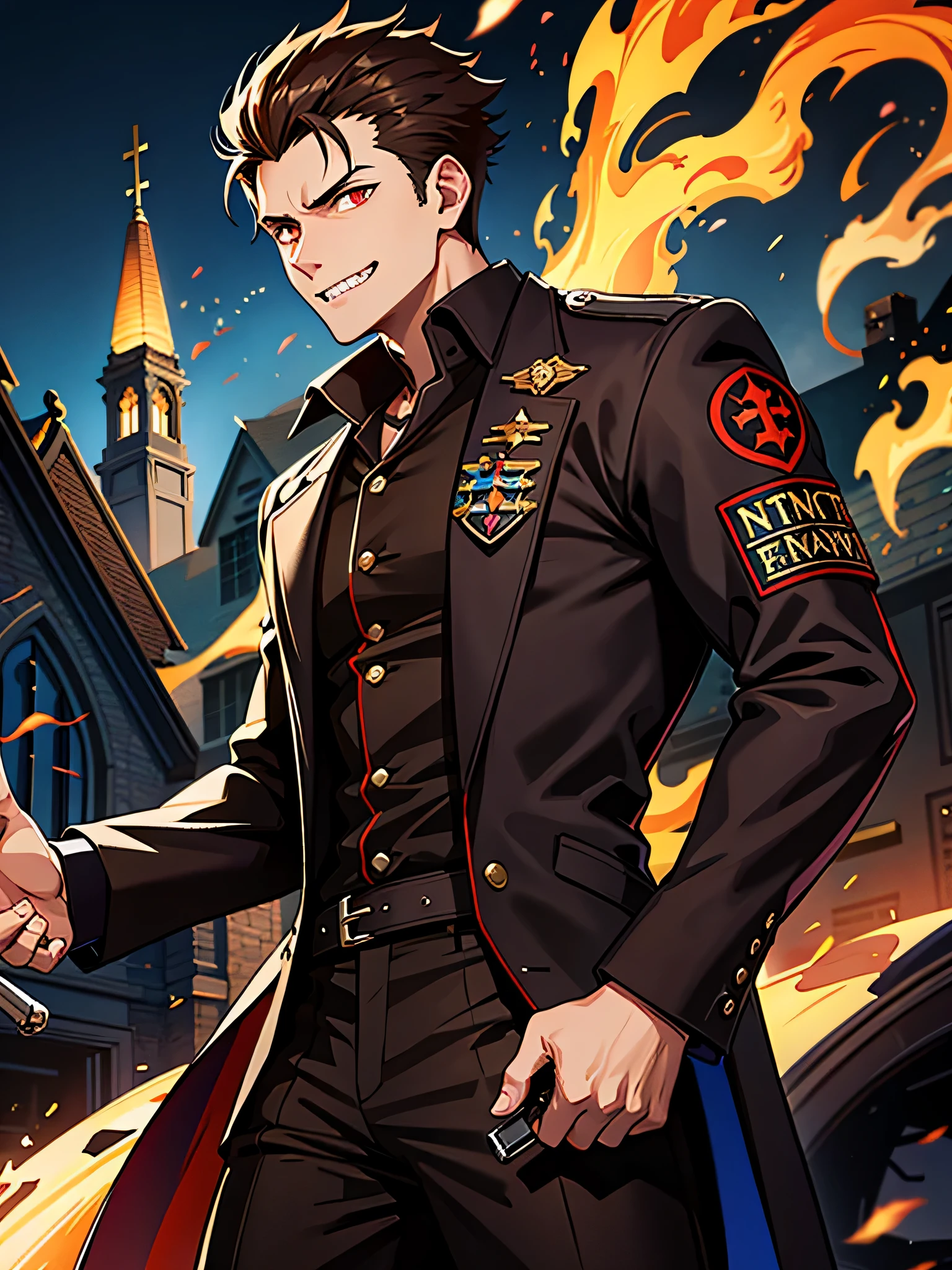 1 man, dark lab coat, tall, spiky brown hair, a big scar on his forehead from a gun, one white eye and one black, holding a gun, menacing look, dead eyes, sharp teeth smiling, background is a burning church, flames around him,
