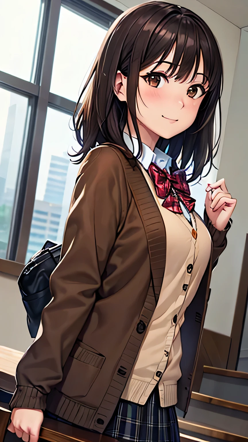 ((table top, highest quality, High resolution, ticker, pixel perfect, 4K, ticker, ticker))), 1 girl, single, alone, beauty、I can see the whole body、 ((medium wave hair, bangs, brown hair)), ((brown eyes, beautiful eyelashes, realistic eyes)), ((detailed face, blush:1.2)), ((smooth texture:0.75, realistic texture:0.65, realistic:1.1, CG style animation)), average ,, dynamic angle, perfect body, ((red bow tie, school uniform, black jacket, open jacket, Brown cardigan, white shirt, black skirt, plaid skirt)), stairs at school、Angle looking up from the bottom of the stairs、very awkward panic smile, looked back、leaning forward、