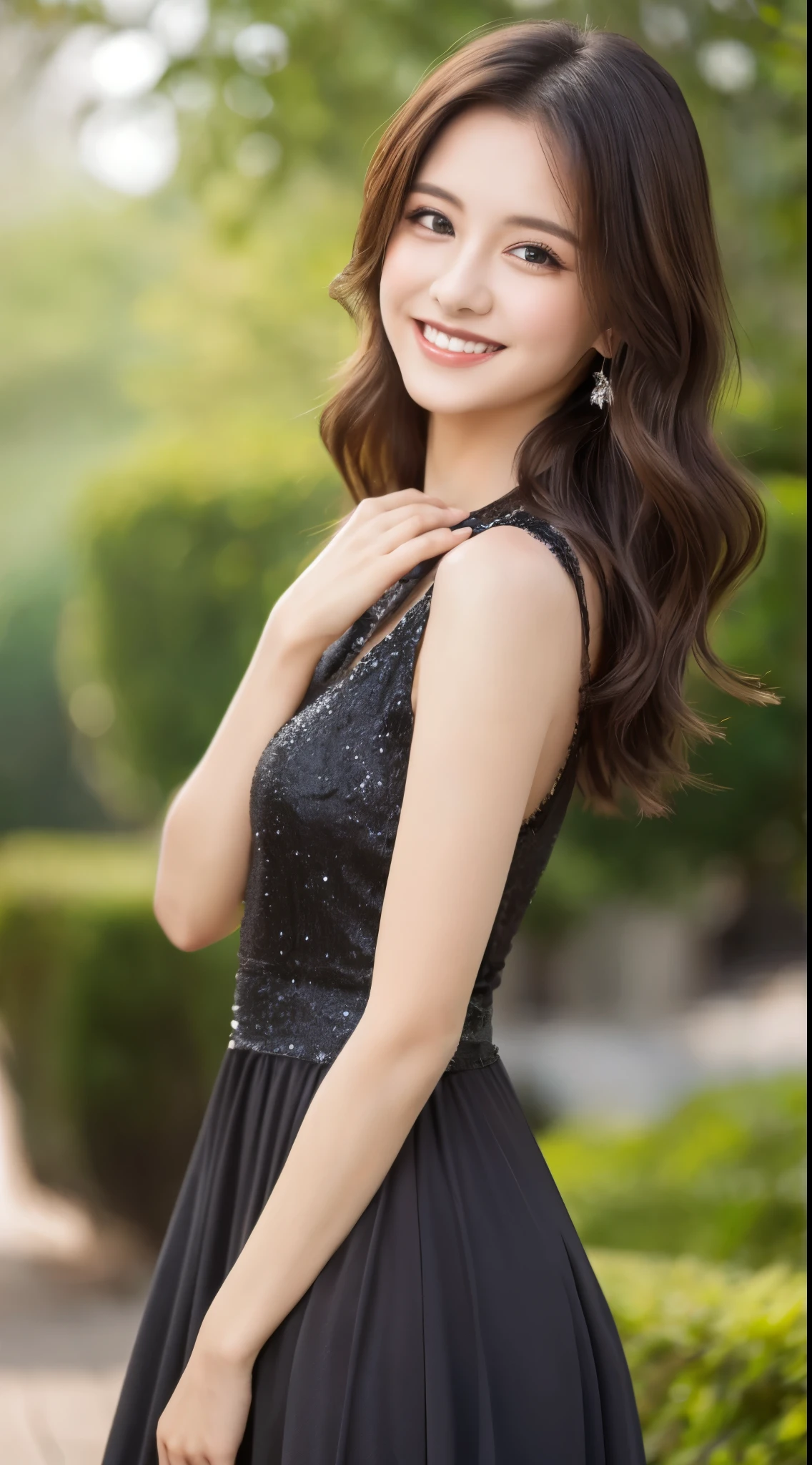 (highest quality, 8K, masterpiece: 1.3), beautiful woman with perfect figure: 1.2, dark brown hair, wearing a pendant, strapless、elegant long dress、(very affectionate smile:1.2)、 highly detailed face and skin, fine eyes, double eyelid, ((full body shot:1.3))、