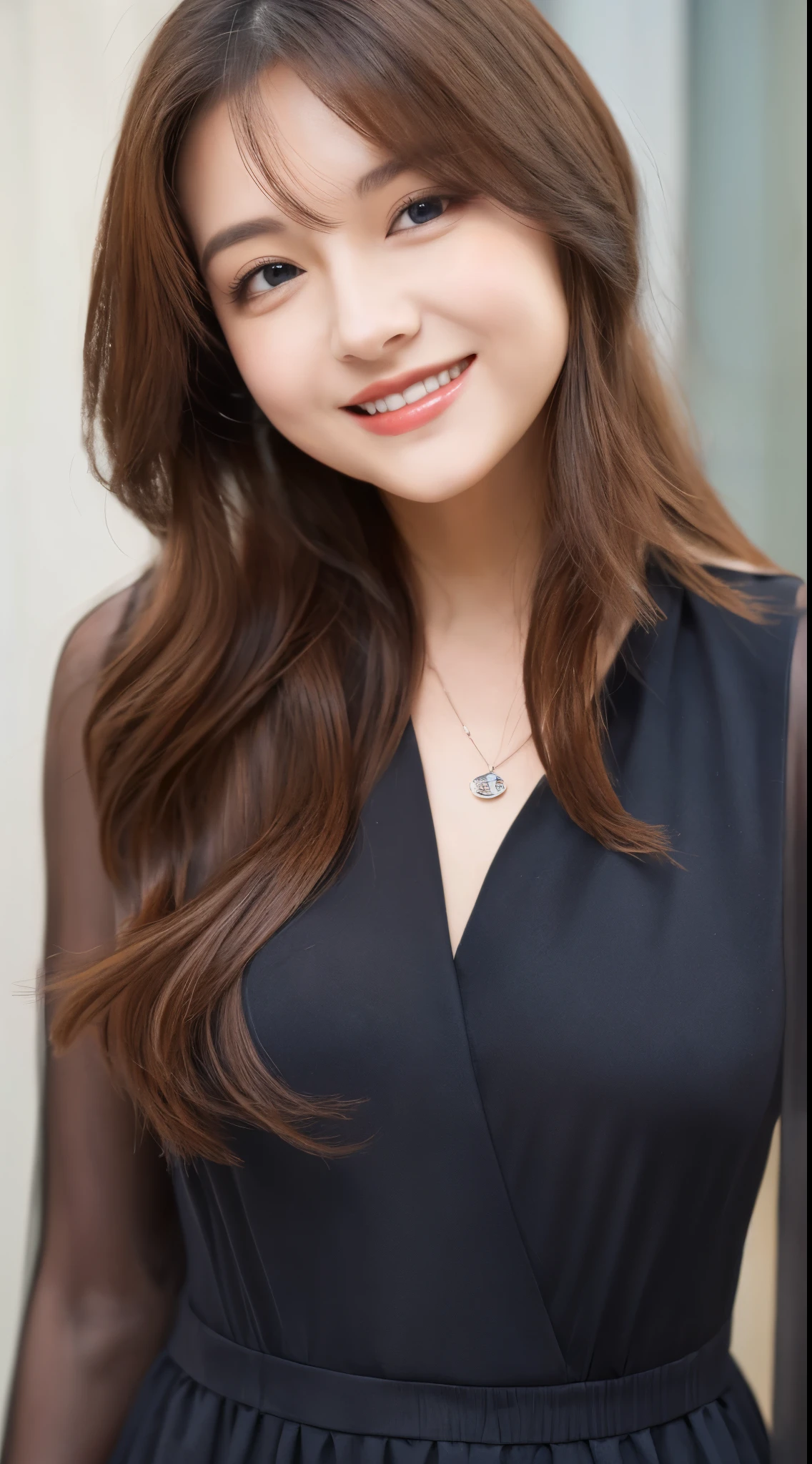 (highest quality, 8K, masterpiece: 1.3), beautiful woman with perfect figure: 1.2, dark brown hair, wearing a pendant, strapless、elegant long dress、(very affectionate smile:1.2)、 highly detailed face and skin, fine eyes, double eyelid,  ((full body shot:1.3))、