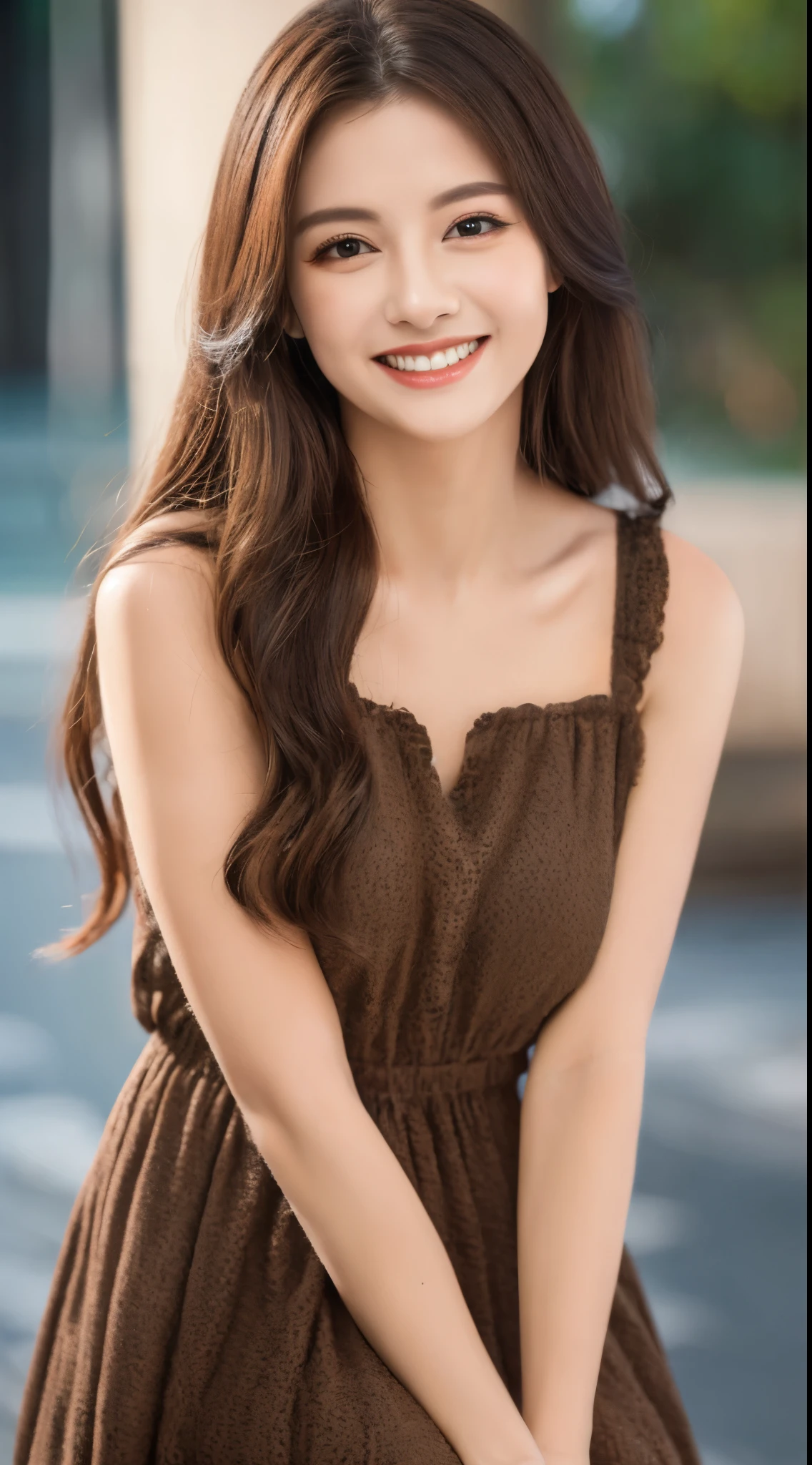 (highest quality, 8K, masterpiece: 1.3), beautiful woman with perfect figure: 1.2, dark brown hair, wearing a pendant, strapless、elegant long dress、(very affectionate smile:1.2)、 highly detailed face and skin, fine eyes, double eyelid,  ((full body shot:1.3))、