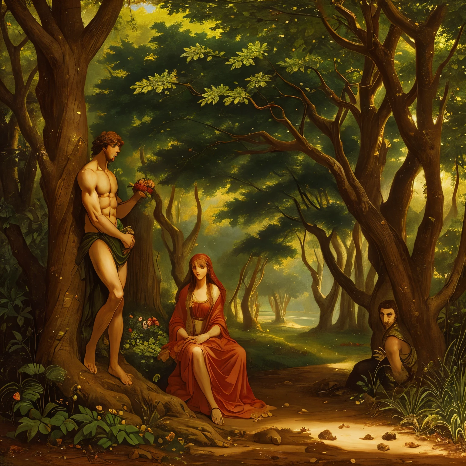 In the Garden of Eden Adam and Eve hiding behind a tree in fear of God