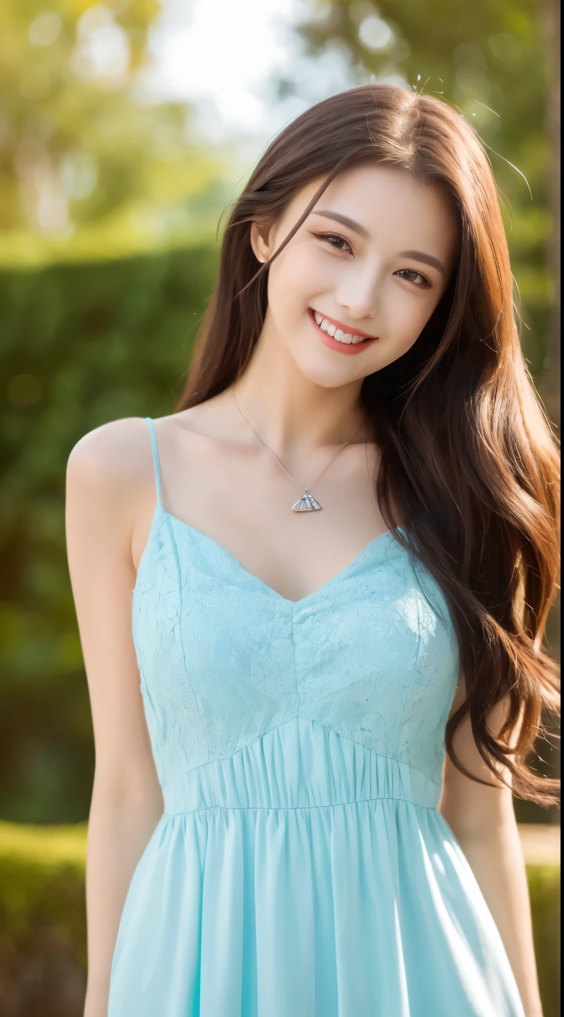 (highest quality, 8K, masterpiece: 1.3), beautiful woman with perfect figure: 1.2, dark brown hair, wearing a pendant, strapless、elegant long dress、(very affectionate smile:1.2)、 highly detailed face and skin, fine eyes, double eyelid,  ((full body shot:1.3))、