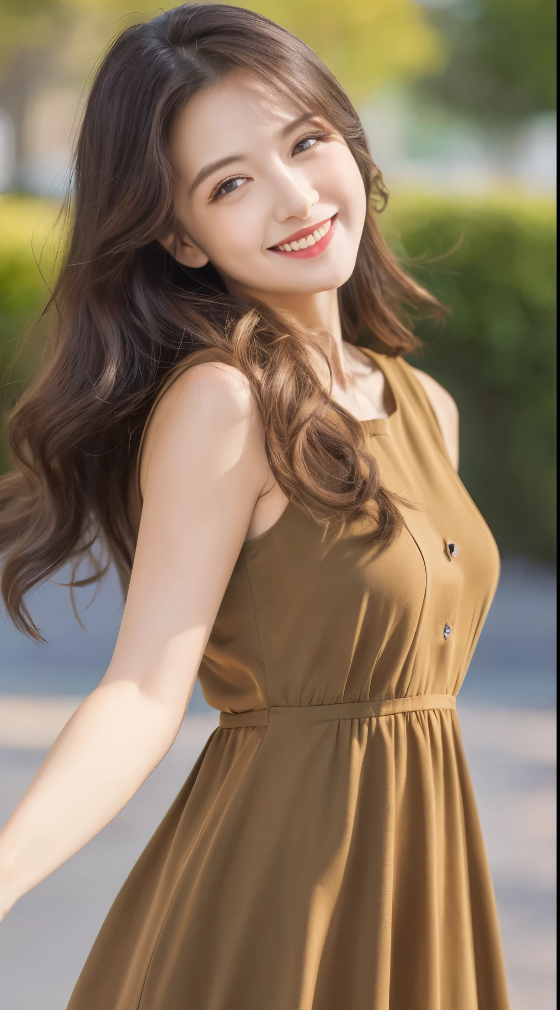 (highest quality, 8K, masterpiece: 1.3), beautiful woman with perfect figure: 1.2, dark brown hair, wearing a pendant, strapless、elegant long dress、(very affectionate smile:1.2)、 highly detailed face and skin, fine eyes, double eyelid,  ((full body shot:1.3))、