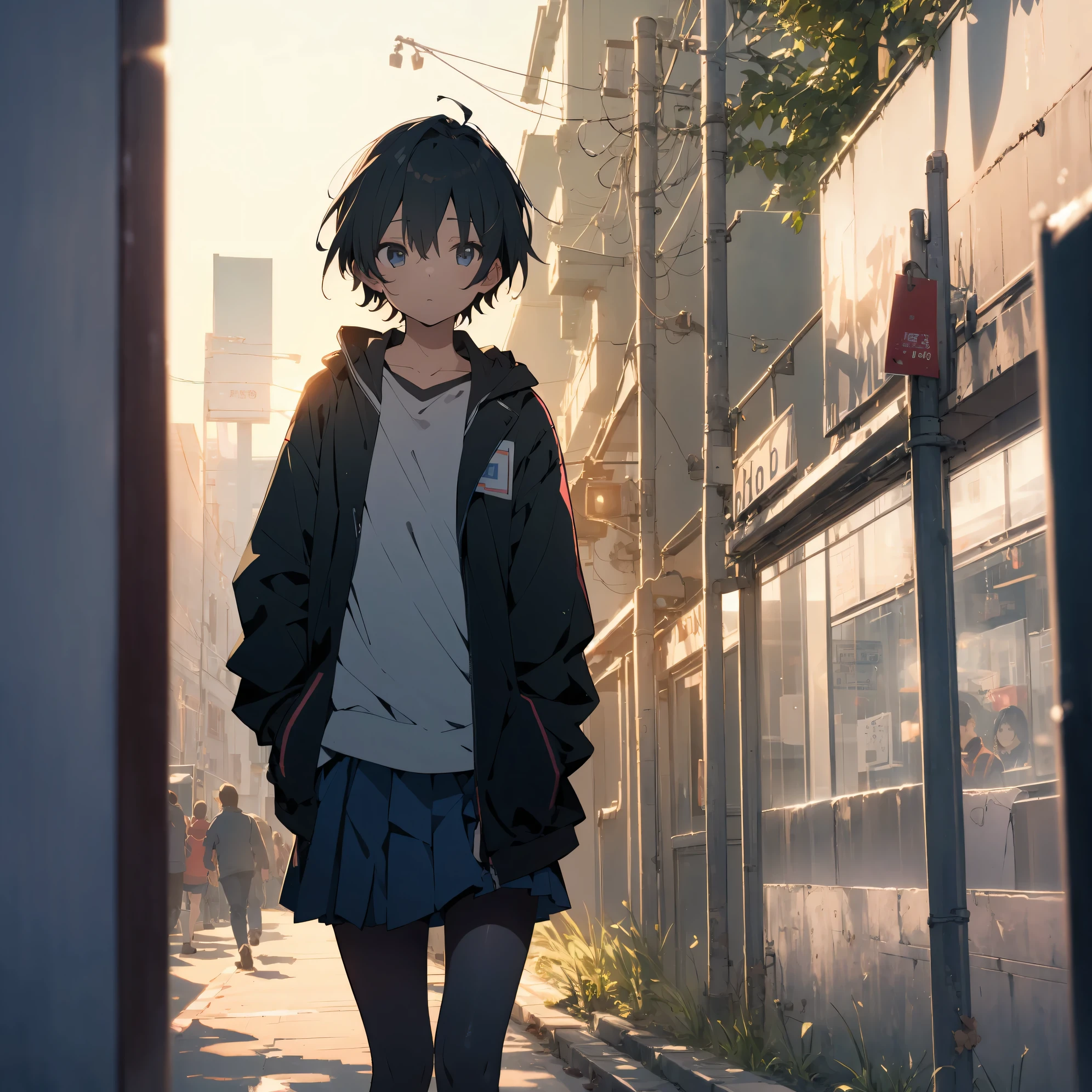 Super high quality by the art god, super detailed, High resolution, AI generated, anime moe art style, best anime 8K konachan wallpaper, pixiv contest winner, perfect anatomy, break,(眠そうにalone学校へ行く女の子を描いてください. ),break, surreal high school girl, (alone,lolita, , 13 years old:1.3),All limbs, full finger,, androgynous charm, (very short hair), messy hair, flat chest, Because I'm slender, small ass, between legs, Small black eyes, beautiful and fine eyes, Well-proportioned iris and pupils, disgusted eyes, High resolutionの詳細な髪, wearing school uniform, (skirt), On the way to school. break,super dense skin, Best lighting by famous artists, 8K, figure,UHD, rough skin