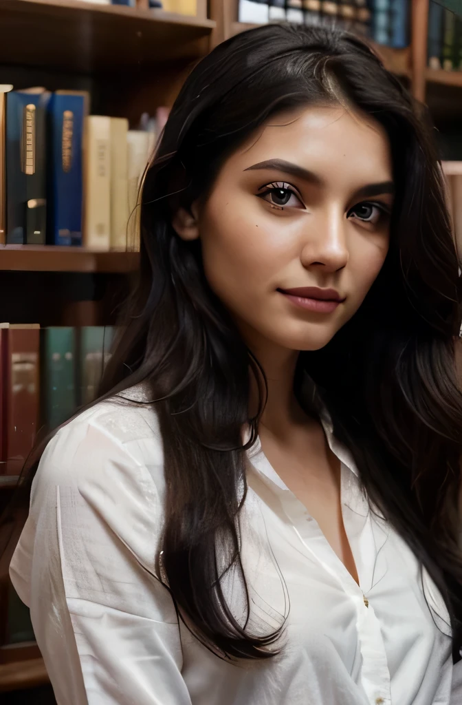 A photorealistic ultra real photo of a beautiful, labanese girl, 20 years old, long eyelashes, black smokey eyeshadows, warm smile, sharp beautiful nose, long black wavy hair, natural makeup with a gentle expression and striking features. Her eyes are large and vividly black, wearing white shirt in Harvard University Library, perfect face, with detailed face and detailed body, detailed skin, pores, cinematic, Cinematic 8K hyper-realistic