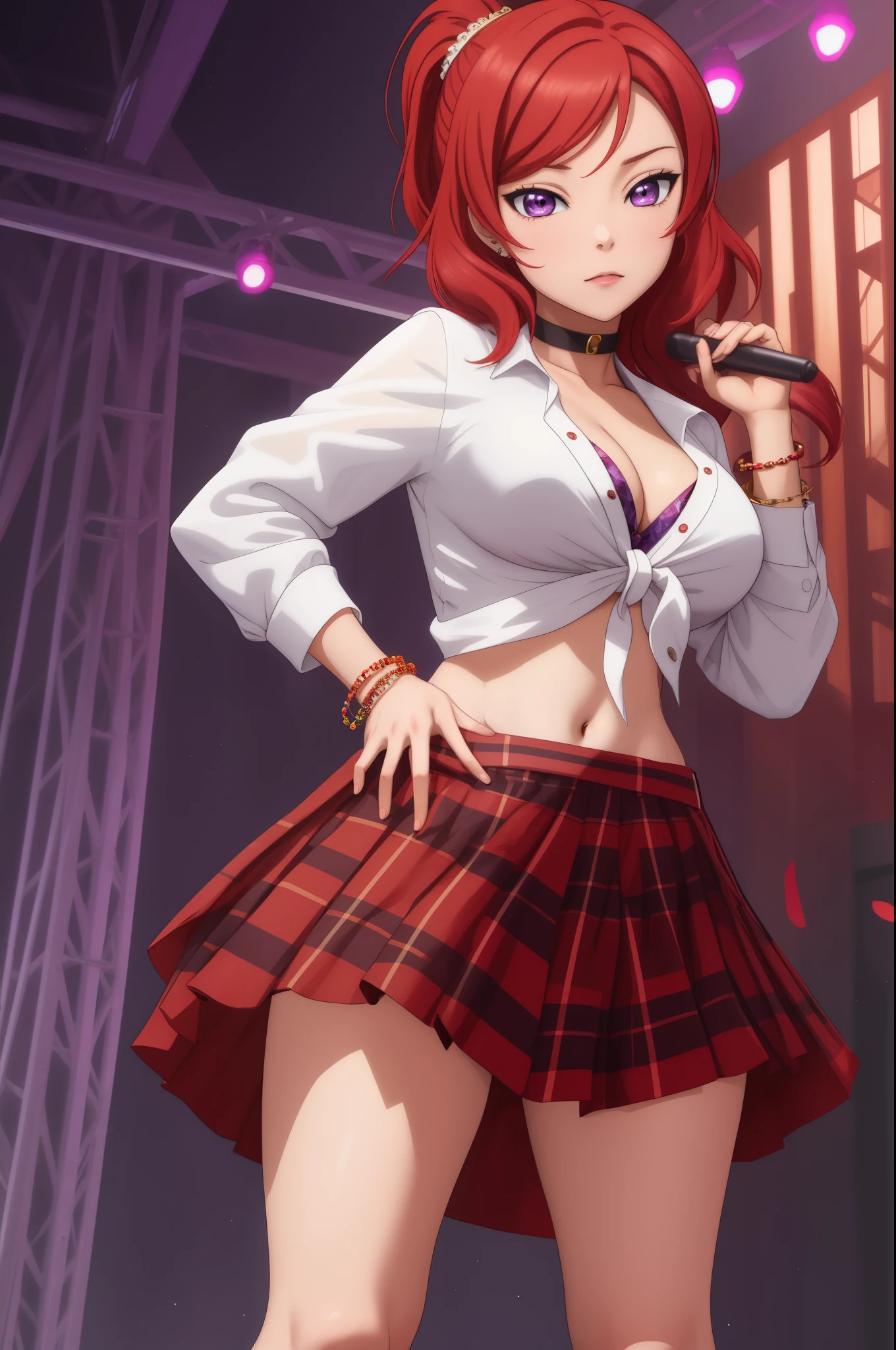 masterpiece, best quality, (1girl:1.000), (bracelet:1.000), (jewelry:0.998), (nishikino maki), (tied shirt:0.993), (red hair:0.987), (purple eyes:0.976), (navel:0.964), (plaid skirt:0.964), (front-tie shirt:0.961), cleavage ,(solo:0.953), (bangle:0.938), (choker:0.929), (ponytail:0.897), (skirt:0.895), (scrunchie:0.875), standing, (breasts:0.778), (midriff:0.672), (school uniform:0.618), (blush:0.617), (hair ornament:0.542), (white shirt:0.537), (simple background:0.517), (black choker:0.505), hand on hip ,thicc thighs 