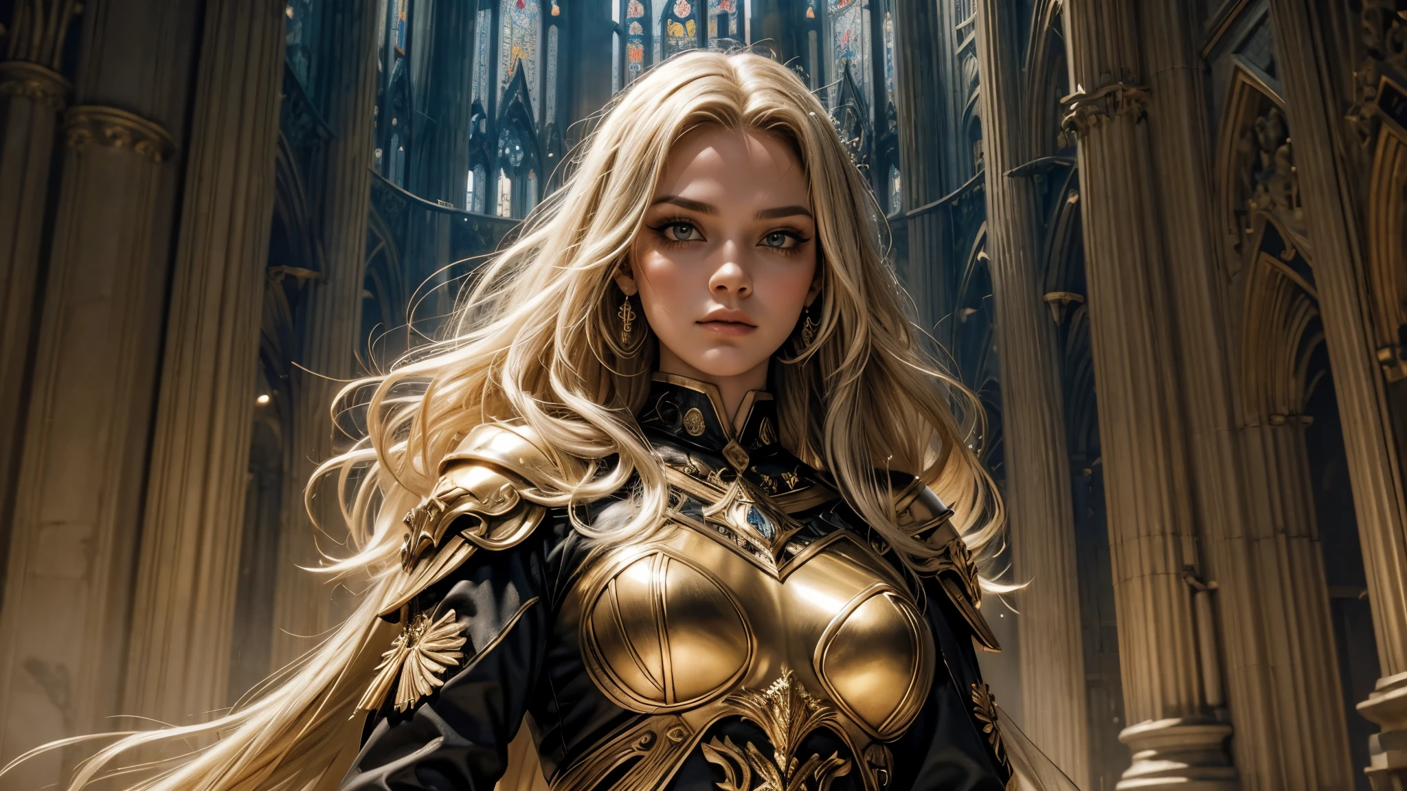 Valkyrie, deusa, gothic architecture, asas de ouro, vestido grande dourado, cabelo loiro dourados, film lighting, two tone lighting, muitos detalhes, obra de arte muito realista, rosto detalhado, olhos detalhados, modelo em 32k