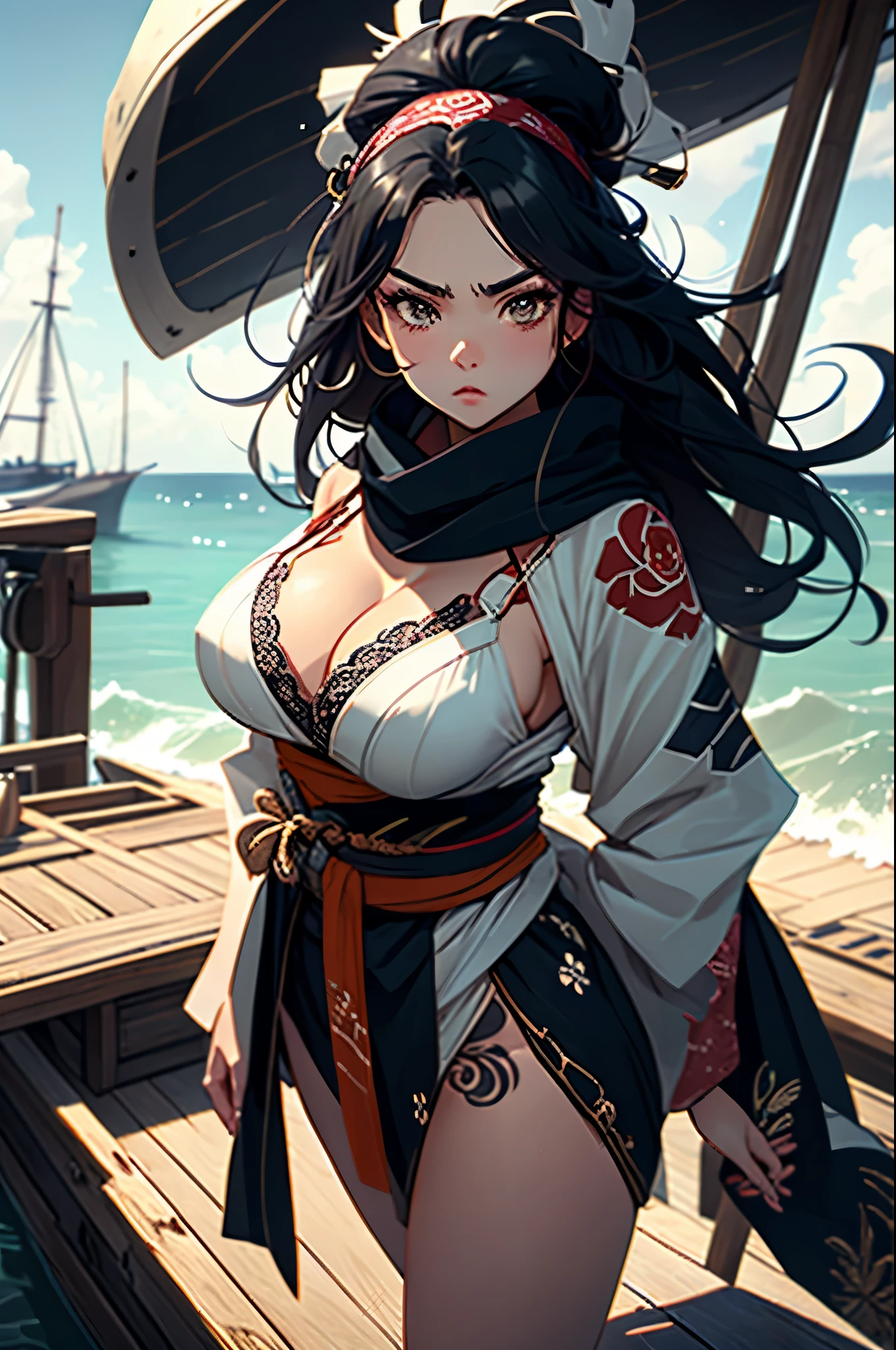 woman,pirate,standing on a boat,scarfで口元を隠す,maritime,Wooden boat,harpoonを持つ,Roll up the hem of the kimono and tuck it into the obi,loincloth,thigh,dark skin,black hair,long hair,tattoo,,hair band,Strong body,Brave face,With keen eyes,thick eyebrows,thick lips,anger,big breasts,cleavage,Hold your weapon,harpoon,scarf,