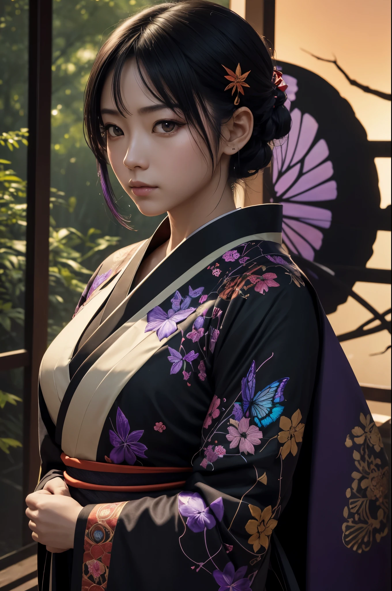 8K,Woman in Japan traditional costume,(dark shot:1.4), 80mm, (dark shot:1.4), 80mm, epic real, Big eyes,Black hair short bob hair,black and purple butterfly hair ornament,black kimono and red obi,black and purple butterfly pattern(Precise butterfly embroidery),purple eyes(purple effect),range murata, wonderful, matted, paul gauguin, art,soft cinematic light, adobe lightroom, photo lab, HDR, 複雑で非常にdetailed, (Depth of bounds written:1.4), (dark shot:1.22), Neutral Color, (HDR:1.4), (calm colors:1.4), (Complex), (artステーション:1.2), 超detailedな, dramatic, Complex細部, (technicolor:0.9), (rutkowski:0.8), cinematic, detailed, soft light, sharp, exposure blend, medium shot, Bokeh, (HDR:1.4), high contrast, (cinematic, teal and orange:0.85), (calm colors, dim color, calm colors調:1.3), low saturation, (超detailedな:1.2), (:0.4), soft light, sharp, exposure blend、medium shot、Bokeh、(HDR:1.4)、high contrast、low saturation、(hyper detail:1.2)、(:0.4)、(Complex細部:1.12)、HDR、(Complex細部、hyper detail:1.15)Photorealistic RAW photos of the highest quality。Bright colors,rich colors, Backlight, cinematic lighting, film grain, to be born, 50mm lens, Nikon D850,realistic skin,ファンタジーart,キャラクターart,ultra high resolution,realistic skin,sunset,Lots of poses,muscular slim body,verandah of a large mansion,in the forest,超realistic skin,full moon,late night,