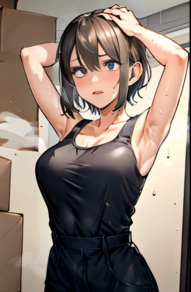 （master piece，best quality，exquisite details），1 girl，(best quality, masterpiece),　moving company woman、Moving、Courier、tank tops and work clothes、Movingの部屋、big cardboard、Coveralls、milf、Work clothes coverall、(steam),((sweat)), Wrap a towel around your head、